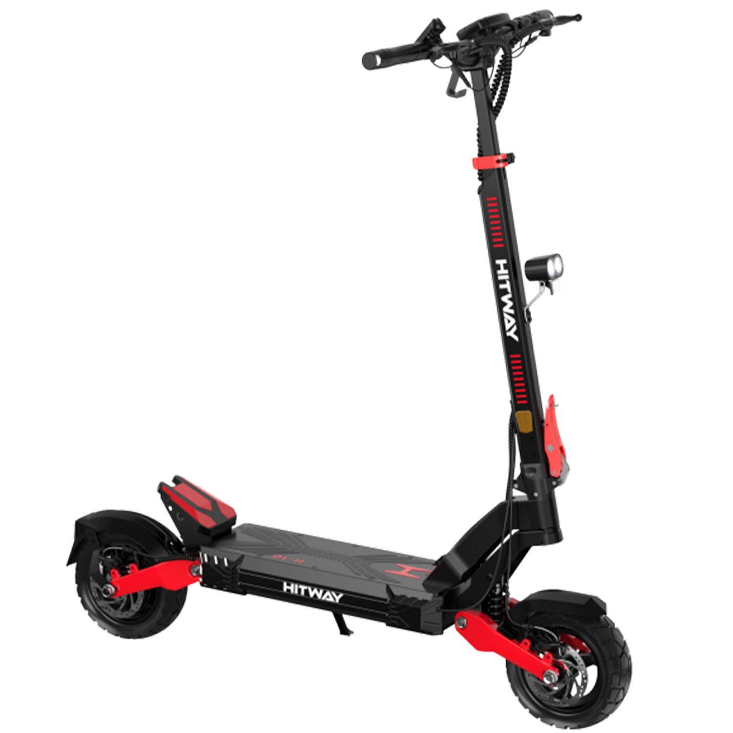 Scooter elettrico HITWAY nero e rosso, vista angolata, su sfondo bianco. Dettagli includono ruote e manubrio.