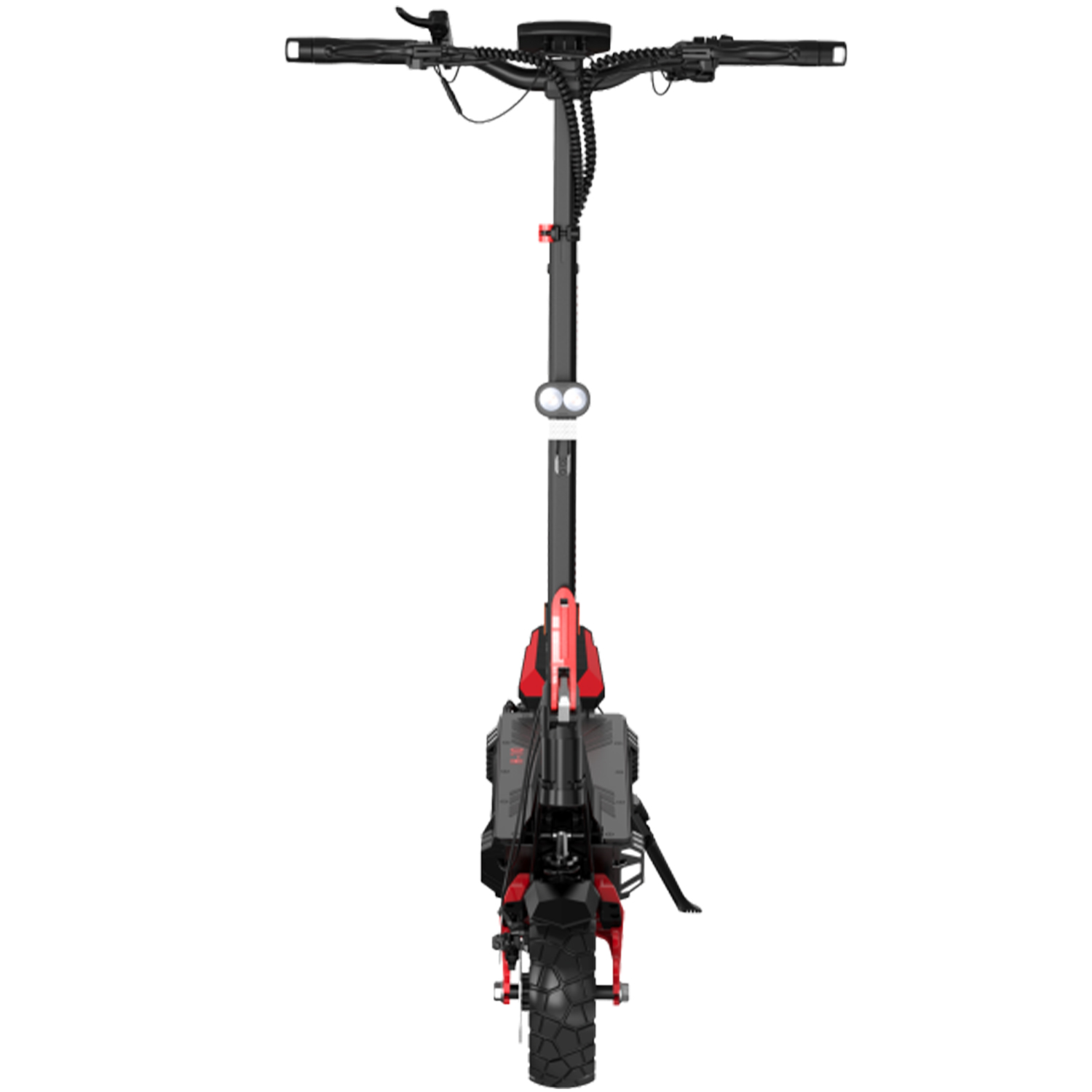 Scooter elettrico HITWAY nero e rosso, vista posteriore, su sfondo bianco, che mostra manubrio e ruota posteriore.