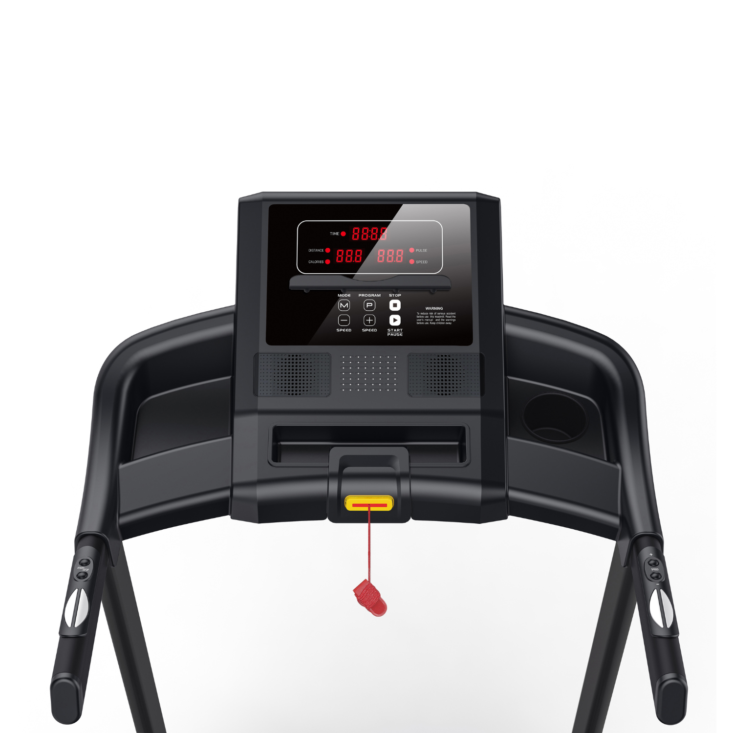 Close-up of a treadmill console. It has a display with numbers, buttons, and a red safety key. The background is white.