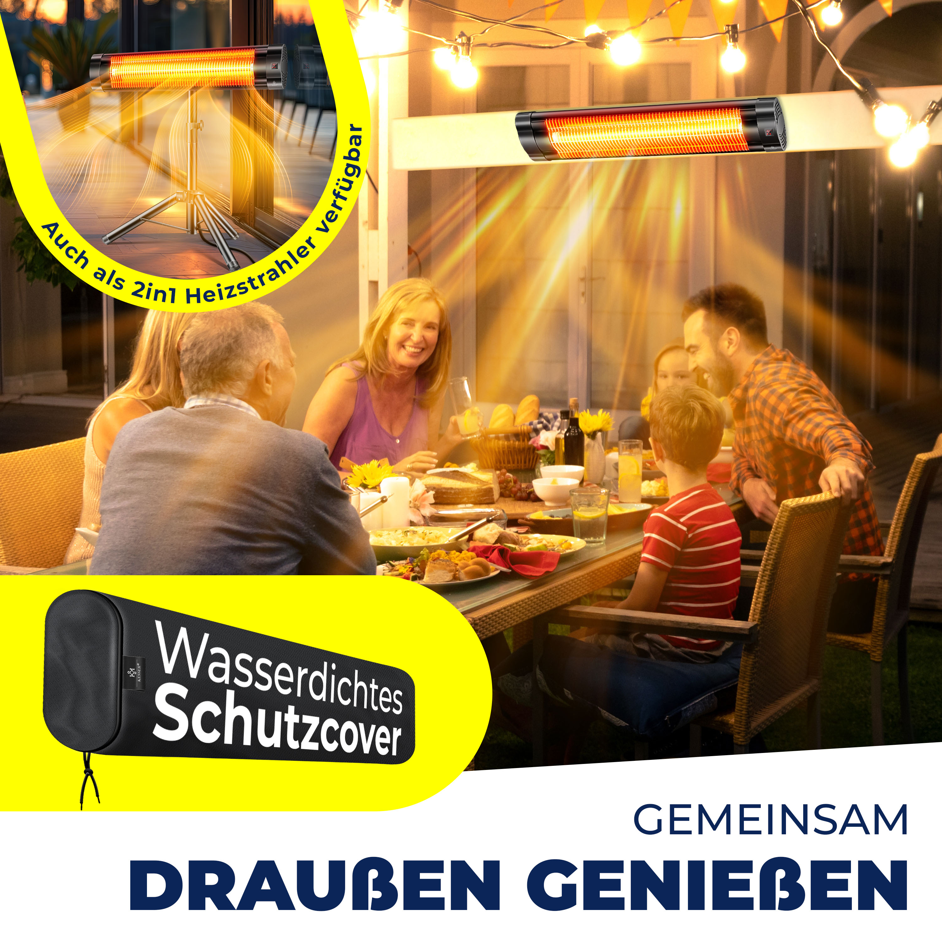 Eine Familie genießt eine Mahlzeit im Freien mit einem Infrarotstrahler. Text zur Werbung des Heizstrahlers ist gelb.