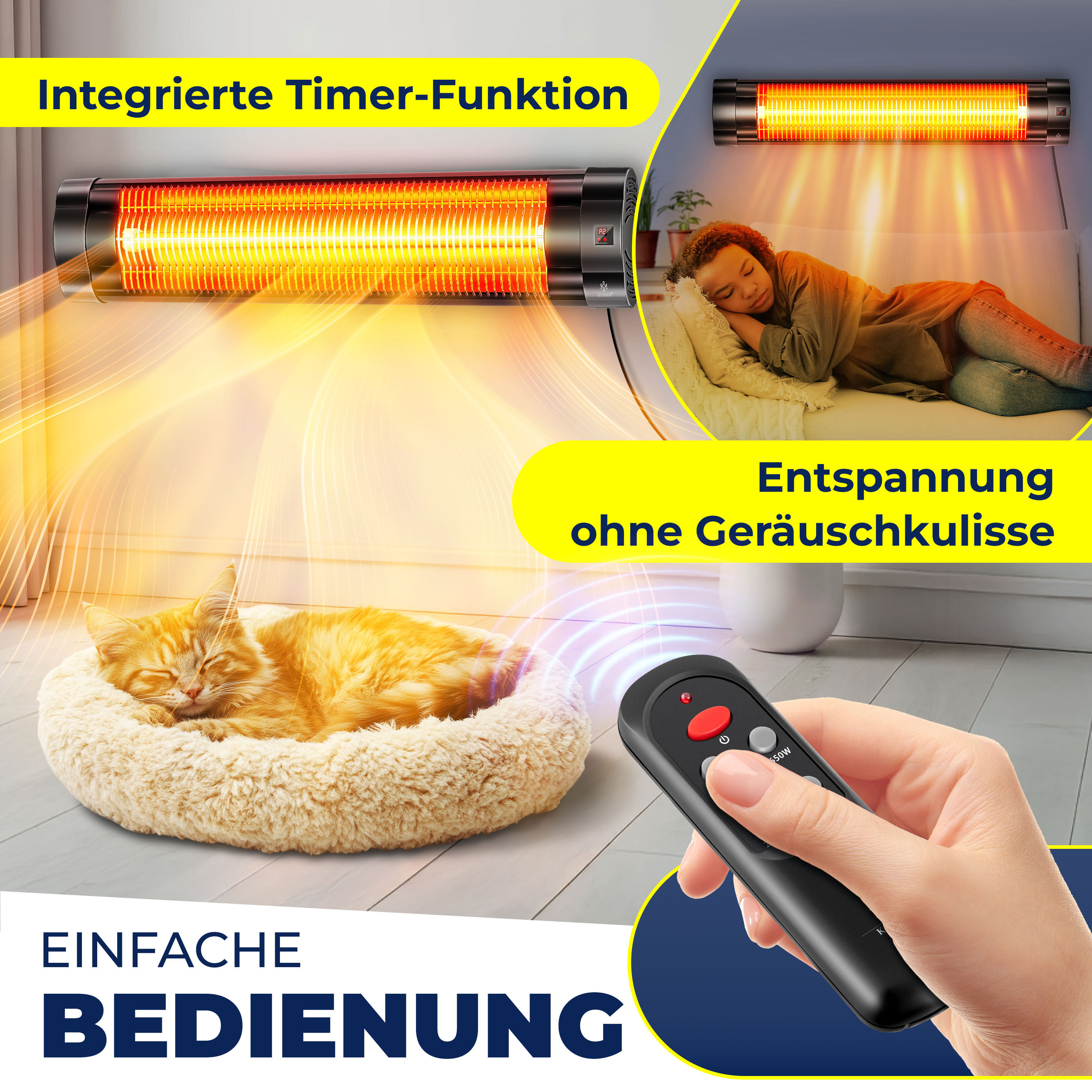 Eine Katze schläft in einem Bett in der Nähe eines Infrarot-Heizgeräts. Eine Frau schläft im Hintergrund. Eine Fernbedienung ist in der Hand.