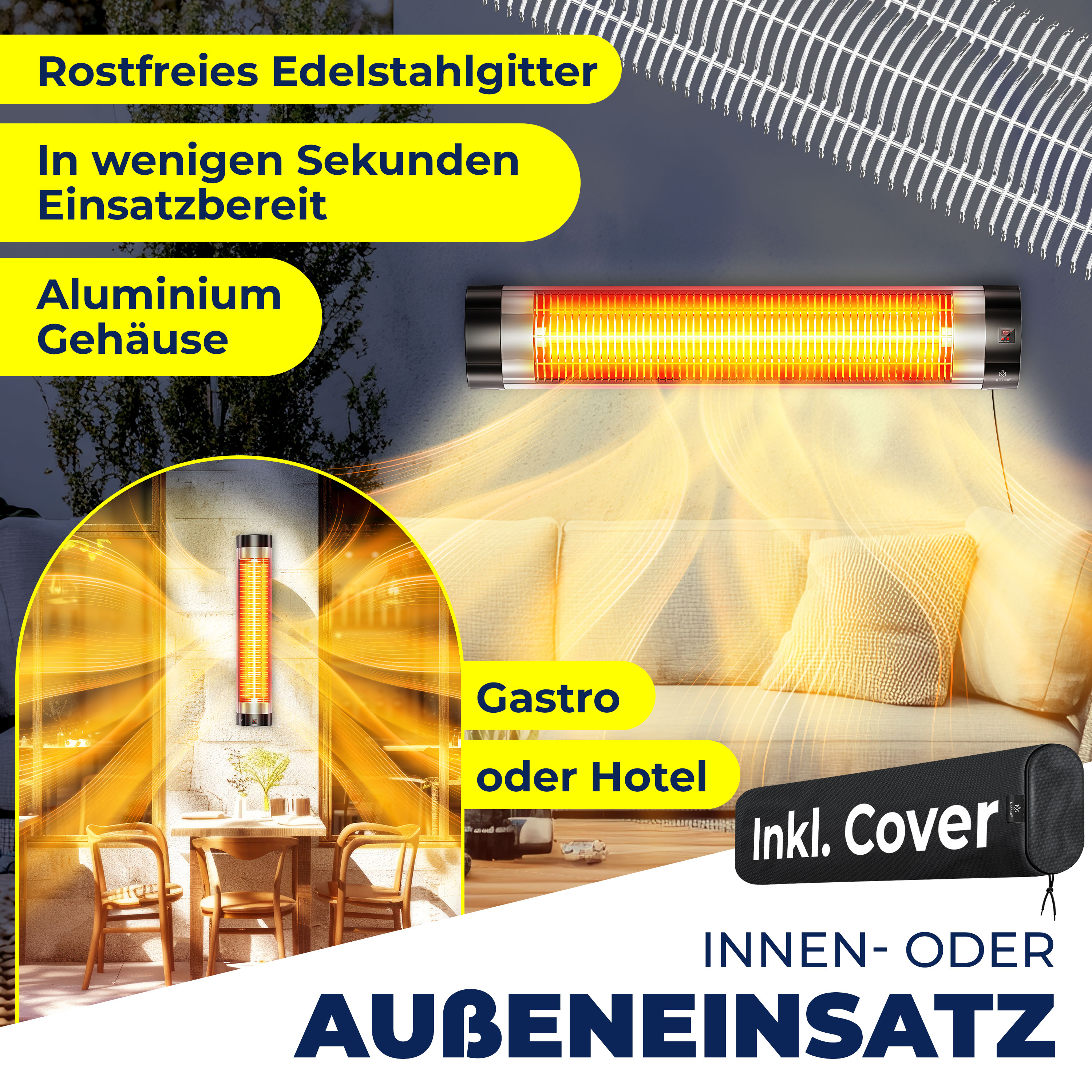Ein Infrarot-Heizgerät an der Wand montiert, mit einem Sofa im Hintergrund. Text hebt die Eigenschaften des Heizgeräts hervor.