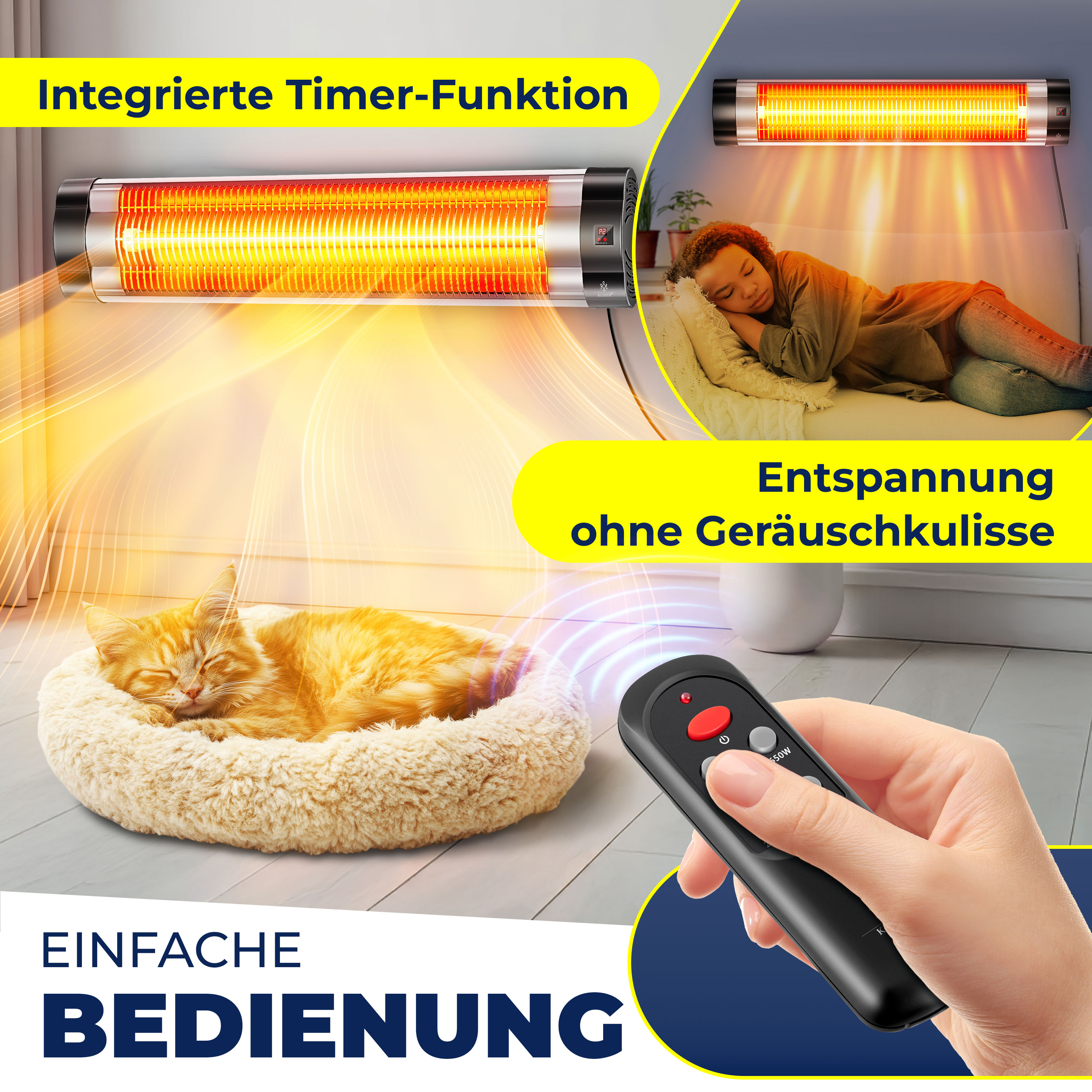 Infrarot-Heizgerät, Katze schläft, Frau schläft, Fernbedienung, gelber Hintergrund. Text: einfache Bedienung, Entspannung, kein Lärm.