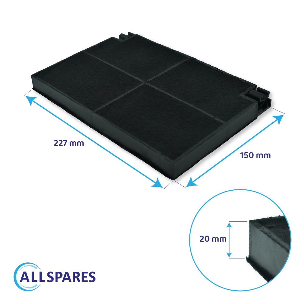 Filtro rettangolare nero con dimensioni 227x150x20 mm. È visibile un logo Allspares.