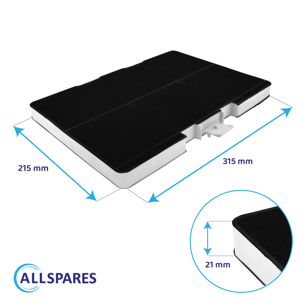 Filtro rettangolare nero con dimensioni 315x215x21 mm. È visibile il logo Allspares.