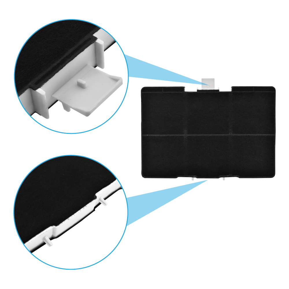 Viste ravvicinate di un filtro rettangolare nero, che mostrano meccanismi di bloccaggio e materiale filtrante.