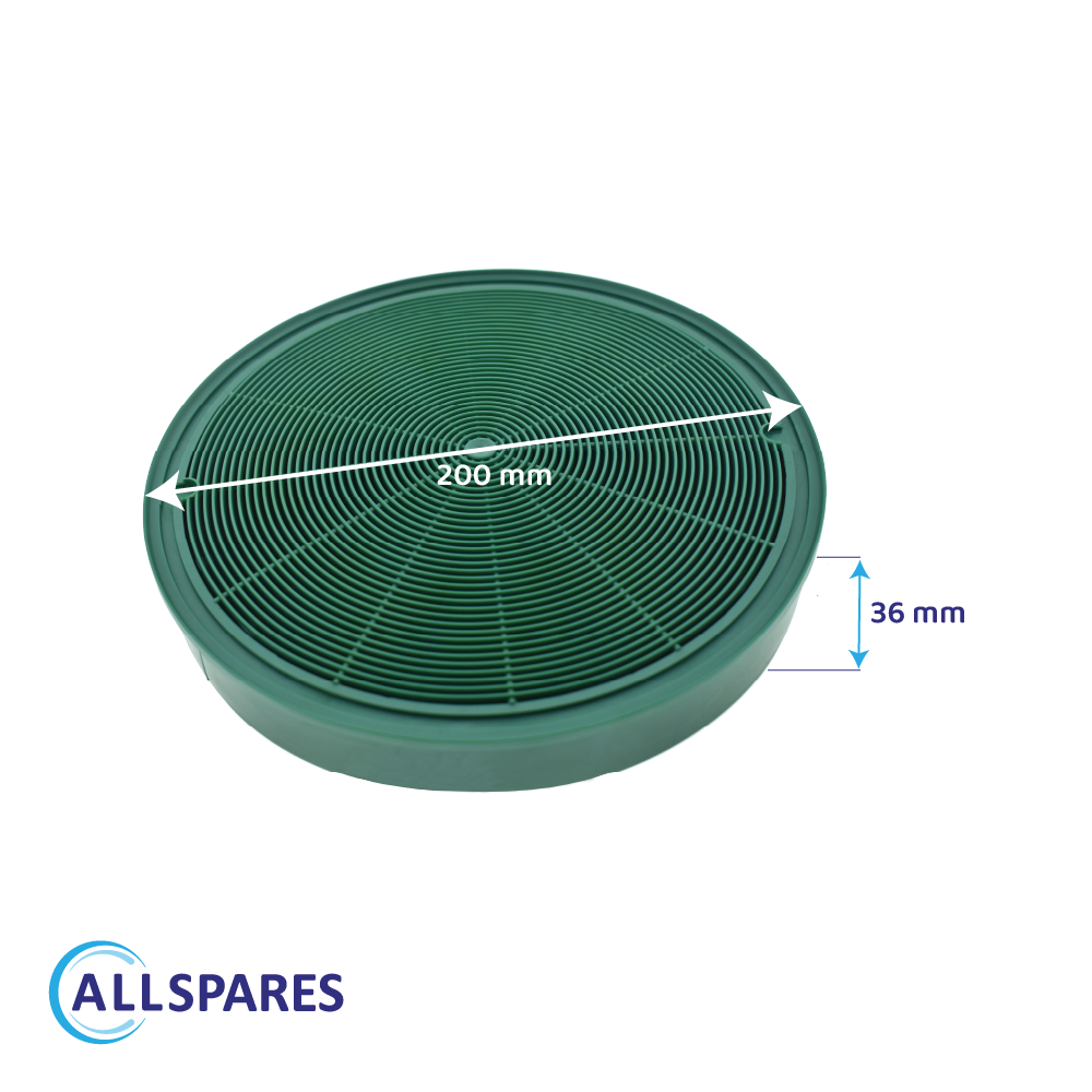 Grüner kreisförmiger Filter mit den Maßen 200x36 mm. Ein Allspares-Logo ist sichtbar.
