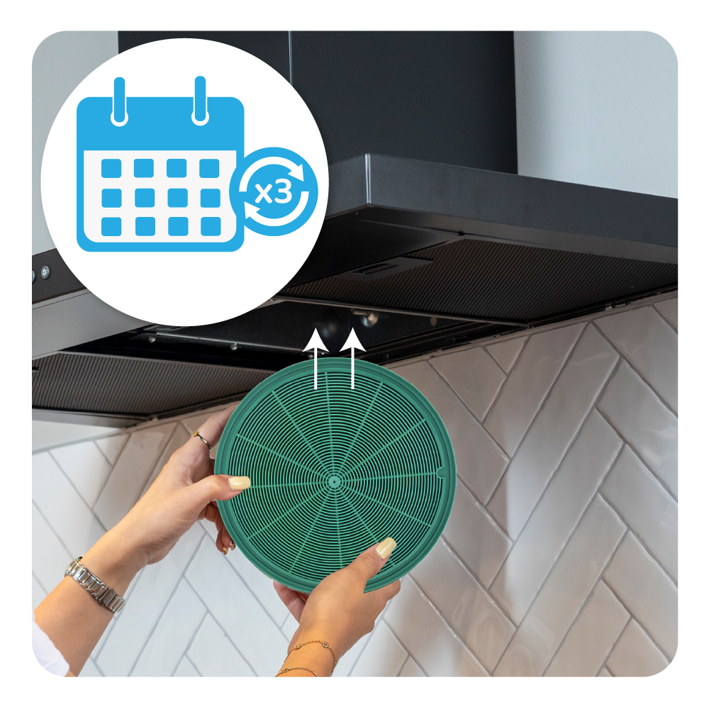 Hände halten grünen kreisförmigen Filter unter einer Dunstabzugshaube. Ein Kalendersymbol zeigt eine 3-Monats-Erinnerung.