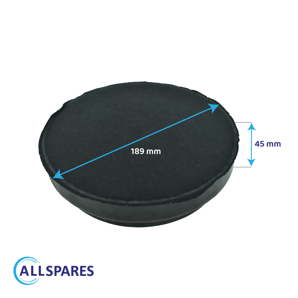 Ein schwarzer runder Filter. Abmessungen: 189 mm breit und 45 mm dick. Das Allspares-Logo unten.