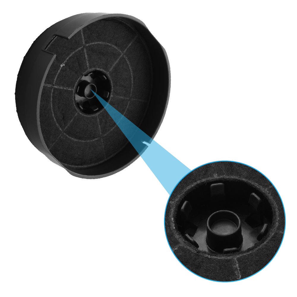 Nahaufnahme eines schwarzen Filters, das Innere mit kleiner kreisförmiger Komponente vergrößert, Details zeigend.