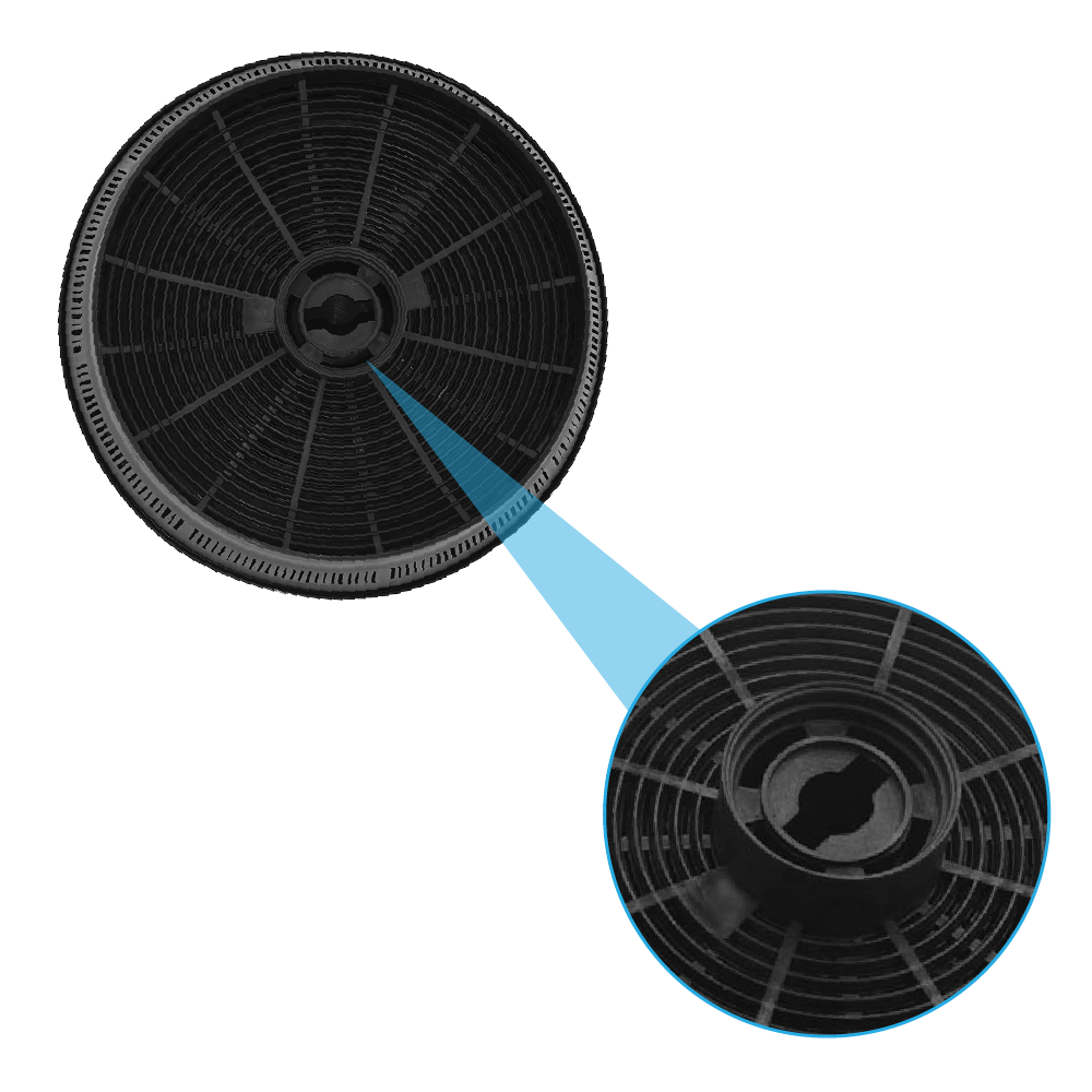 Nahaufnahme eines schwarzen runden Filters mit hervorgehobenem Detailbereich, zeigt die Innenstruktur.