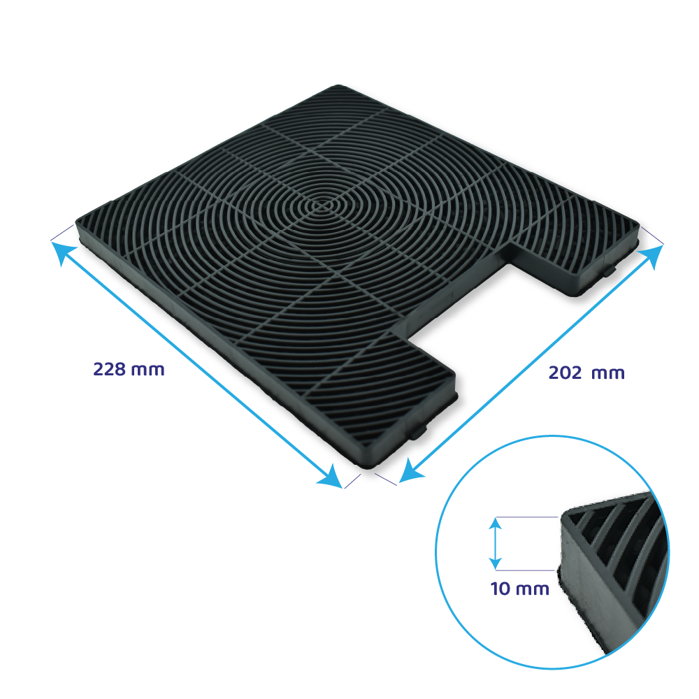 Czarny kwadratowy filtr z wycięciem. Wymiary są pokazane. Małe kółko pokazuje szczegóły krawędzi.