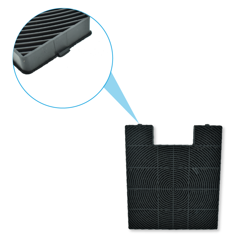 Zbliżenie czarnego kwadratowego filtra z podświetlonym szczegółowym fragmentem, pokazującym krawędź filtra.