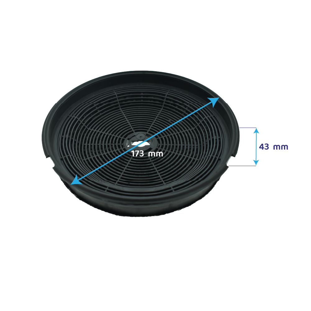 Filtro nero circolare con dimensioni di 173 mm di diametro e 43 mm di spessore. Le frecce blu indicano le misure.
