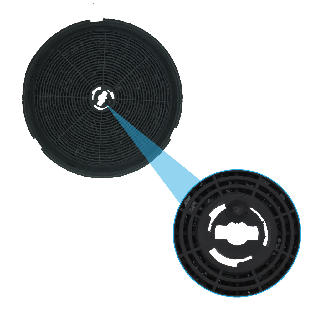 Filtro nero circolare con un primo piano della parte centrale. La parte centrale ha un design specifico.