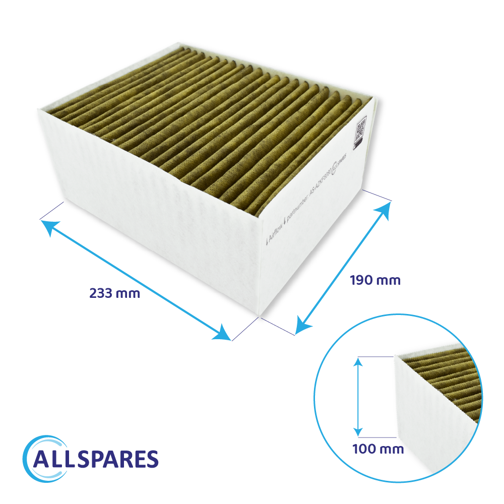 Luftfilter mit in Millimetern beschrifteten Abmessungen und dem Allspares-Logo.