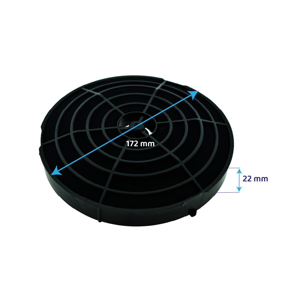 Filtro a carbone nero circolare con dimensioni etichettate in millimetri.