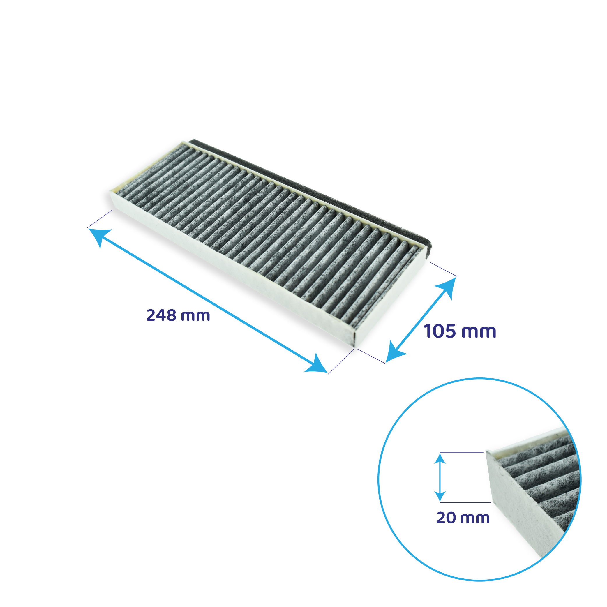 Filtro rettangolare con dimensioni visualizzate: 248 mm di lunghezza, 105 mm di larghezza e 20 mm di altezza.