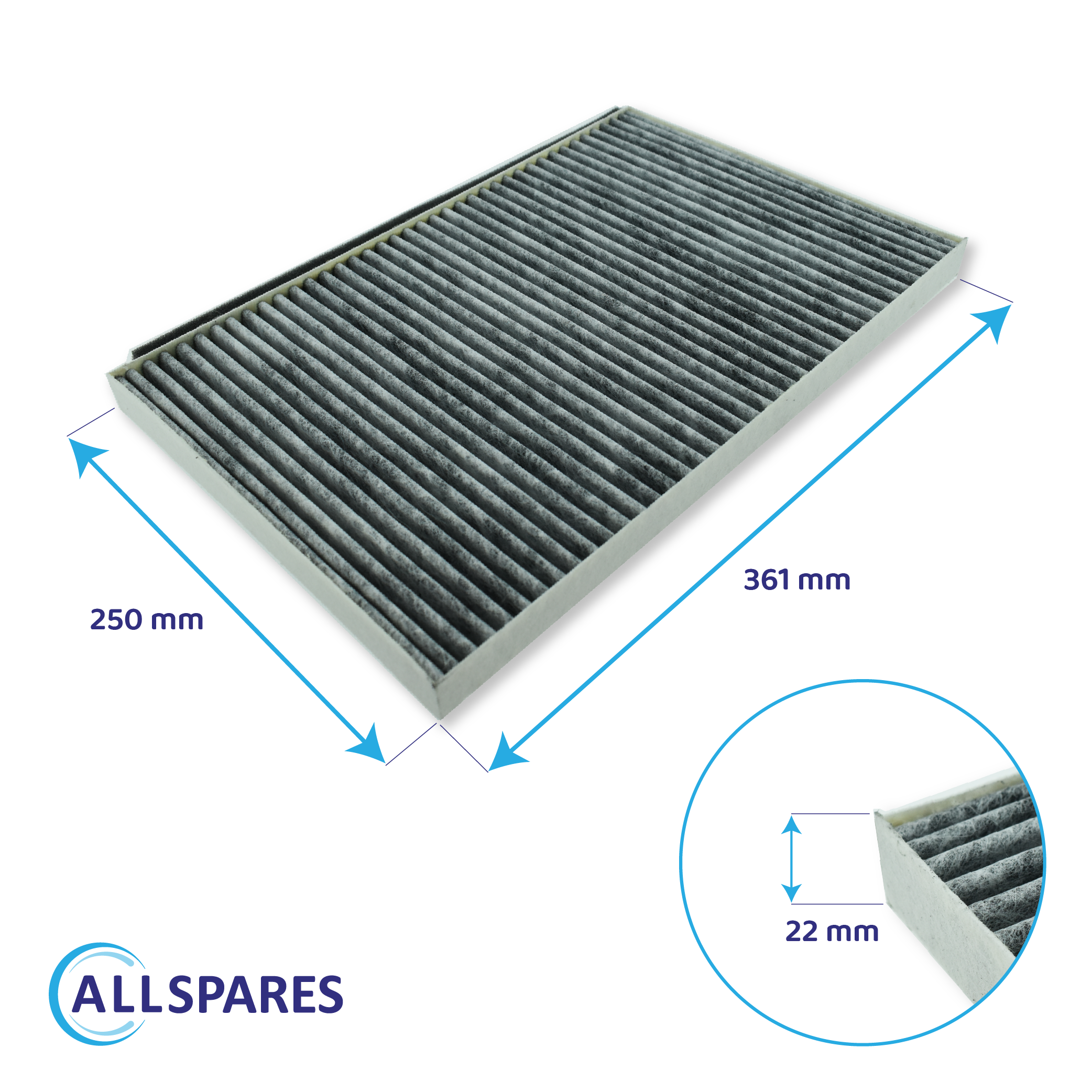 Dimensioni del filtro rettangolare: 361 mm di lunghezza, 250 mm di larghezza e 22 mm di altezza, con il logo Allspares.
