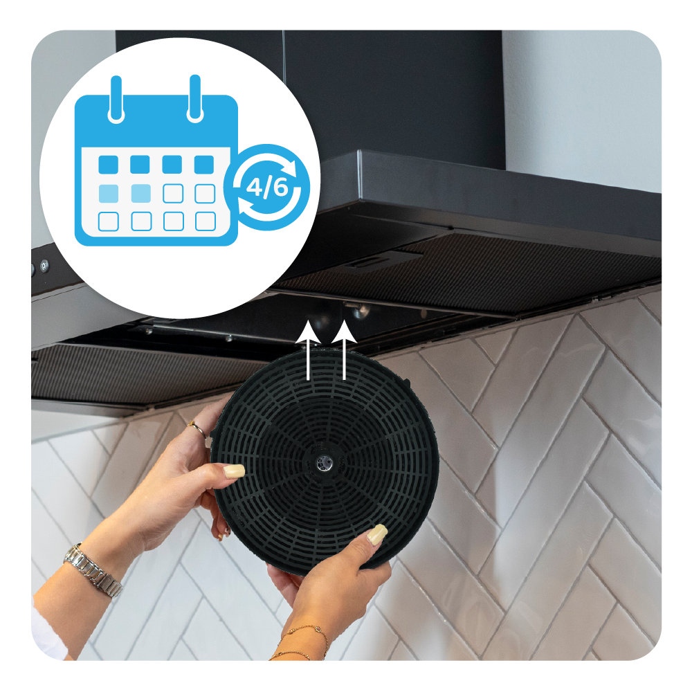 Osoba instaluje czarny filtr w okapie kuchennym. Obecna jest również ikona kalendarza i symbol strzałki.