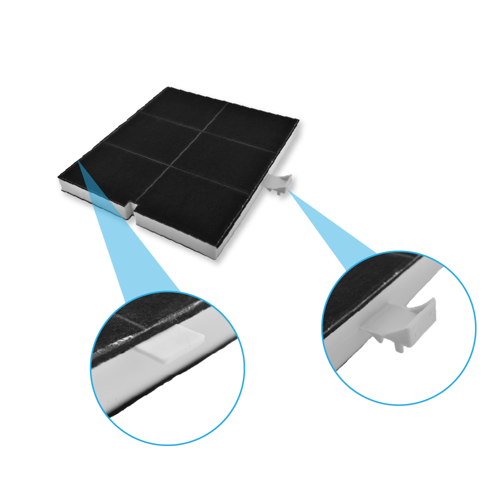 Ein schwarzer rechteckiger Filter mit weißen Kanten. Vergrößerte Ansichten zeigen die Haken des Filters.