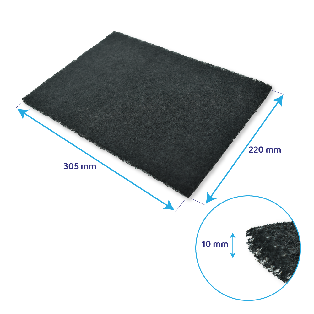 Filtro nero con dimensioni e primo piano del materiale. Le frecce indicano le dimensioni: 305mm x 220mm e 10 mm di spessore.