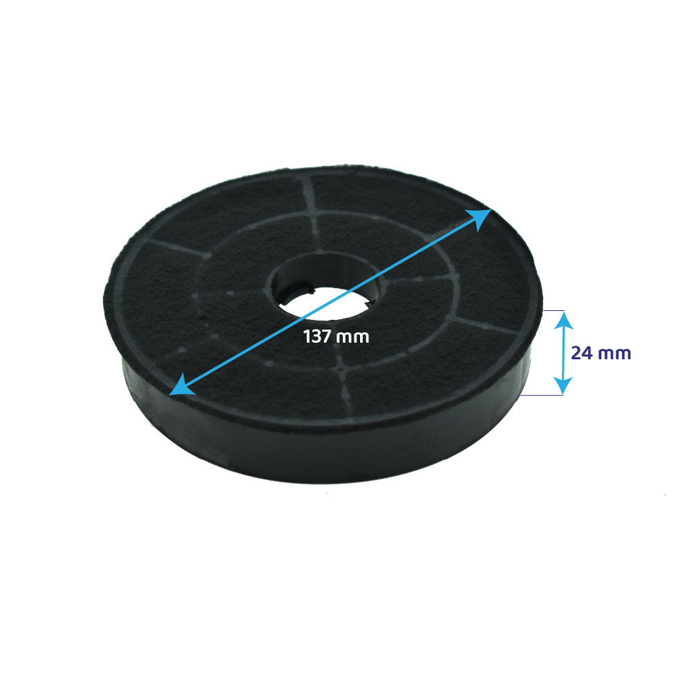 Un filtro rotondo nero con dimensioni: diametro 137 mm e altezza 24 mm.