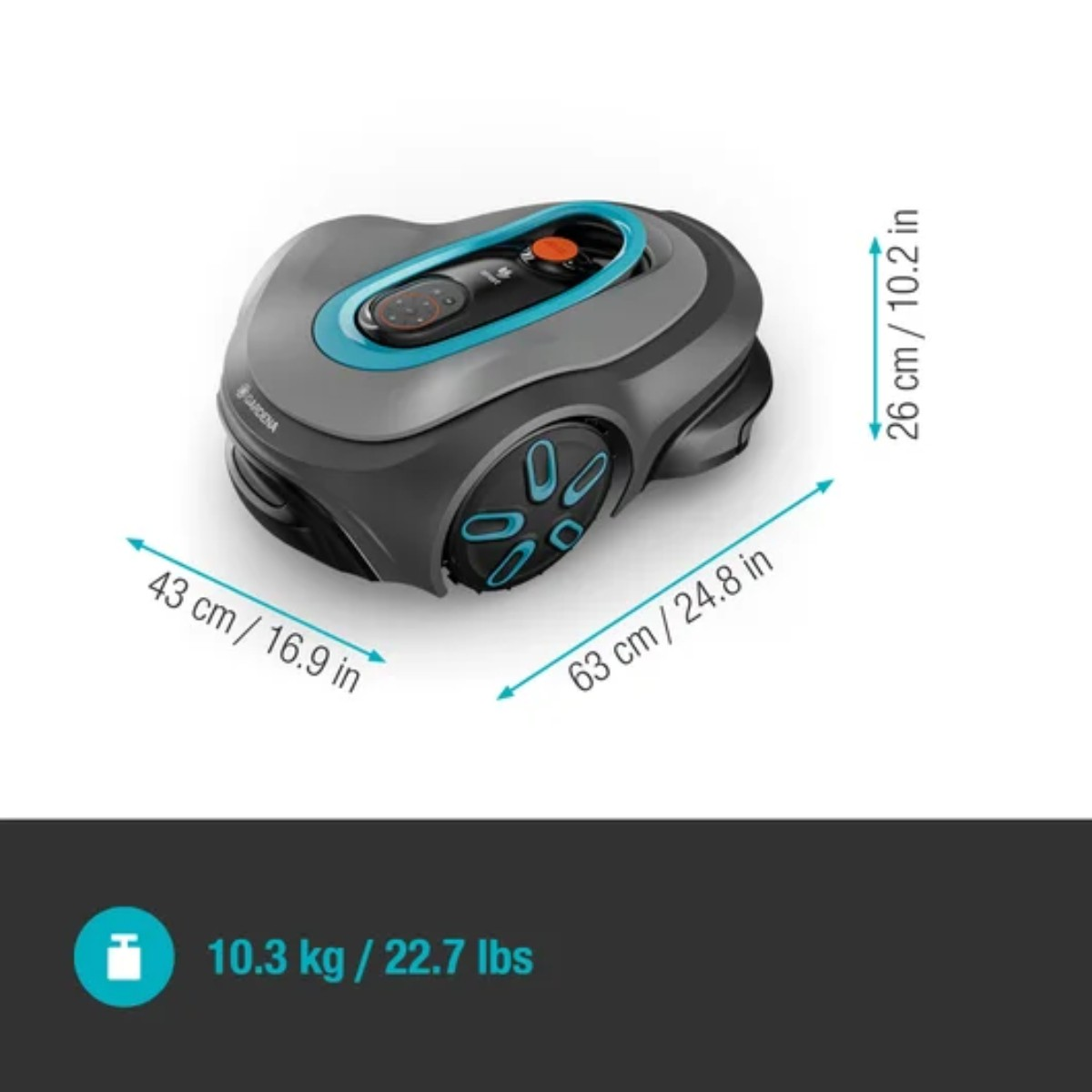 Cortacésped robótico Gardena con dimensiones mostradas sobre un fondo oscuro.