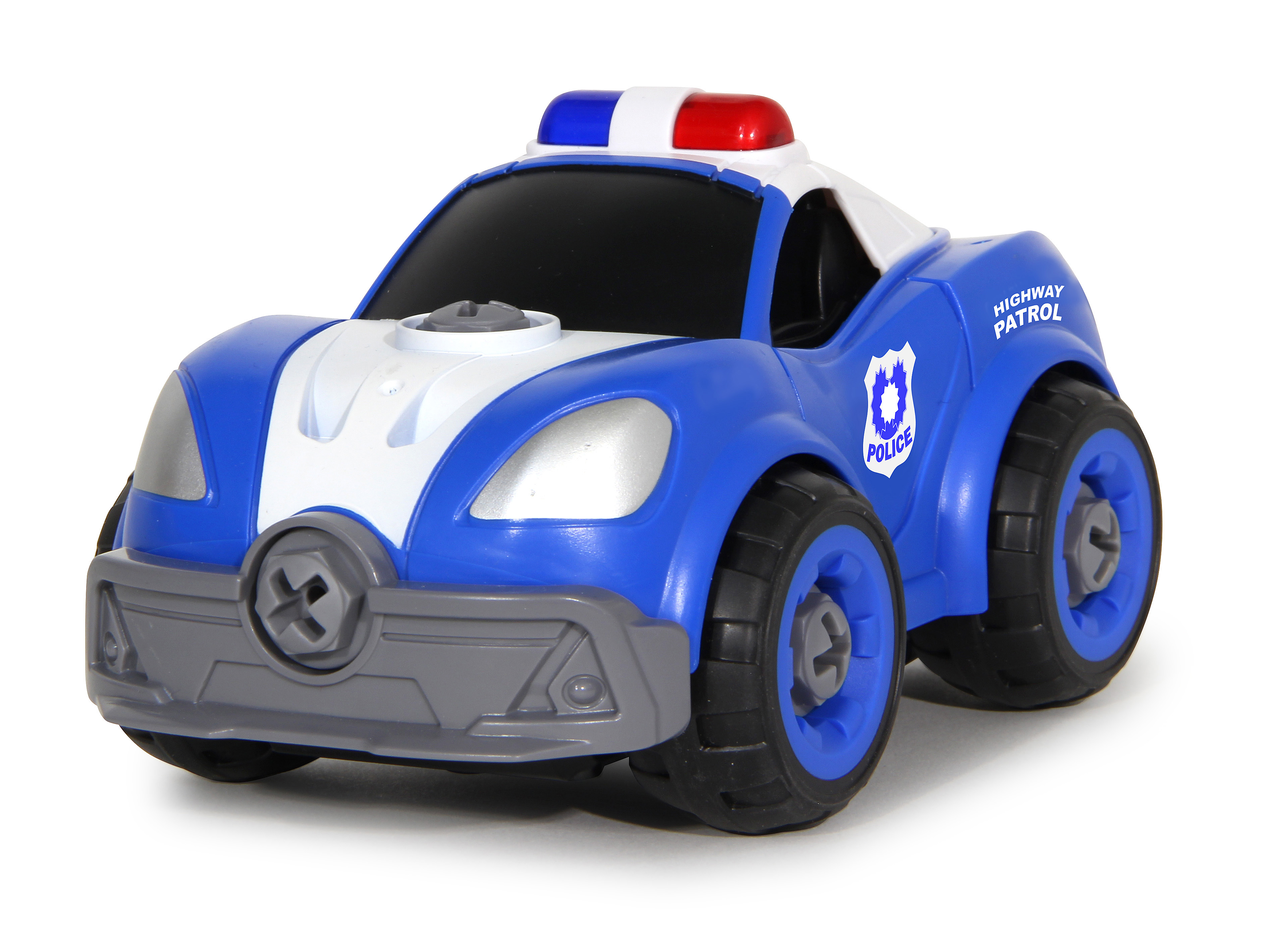 Ein blaues Spielzeug-Polizeiauto mit weißem Dach und rot-weißen Lichtern.