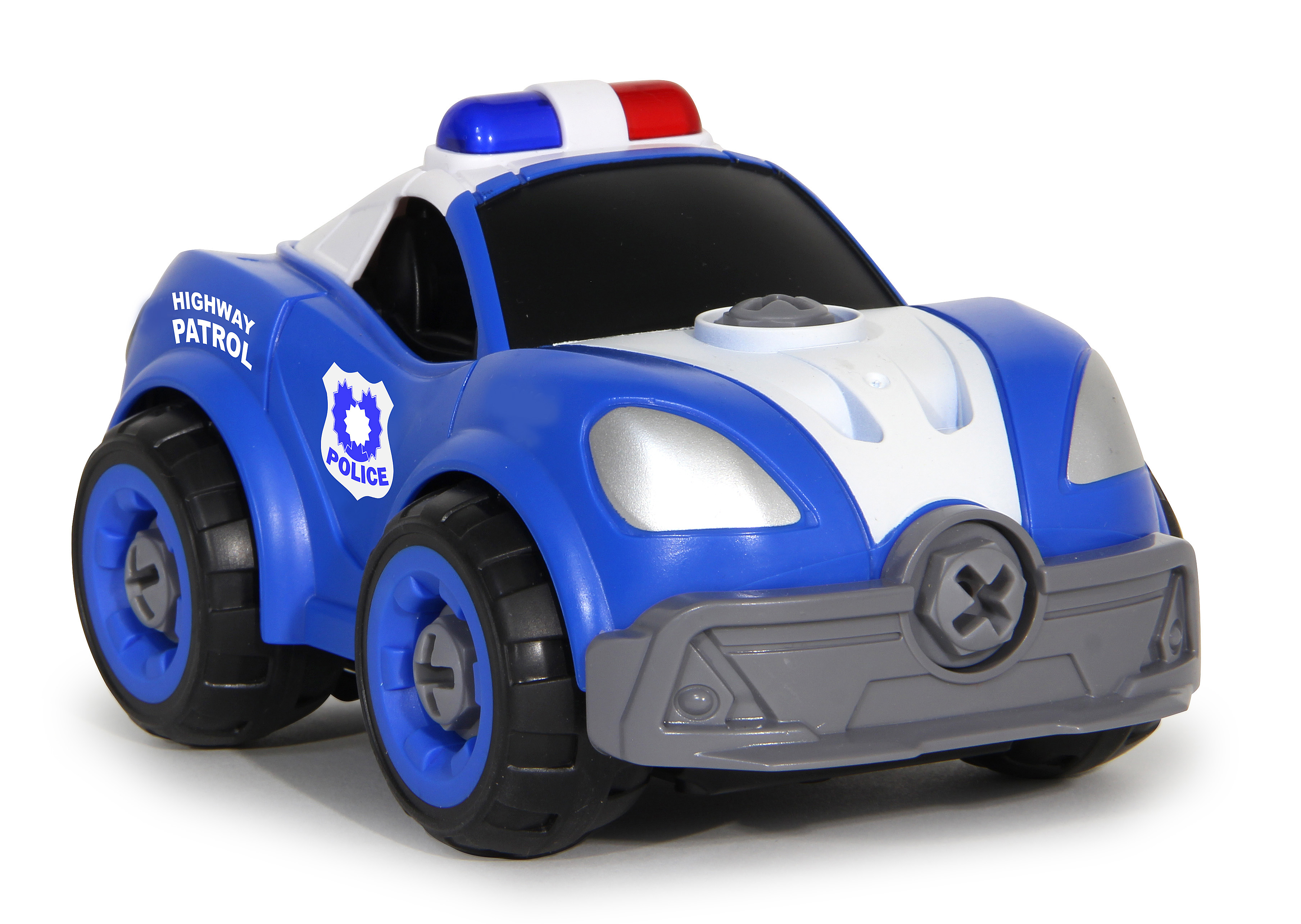 Ein blaues Spielzeug-Polizeiauto mit weißem Dach und roten/weißen Lichtern.