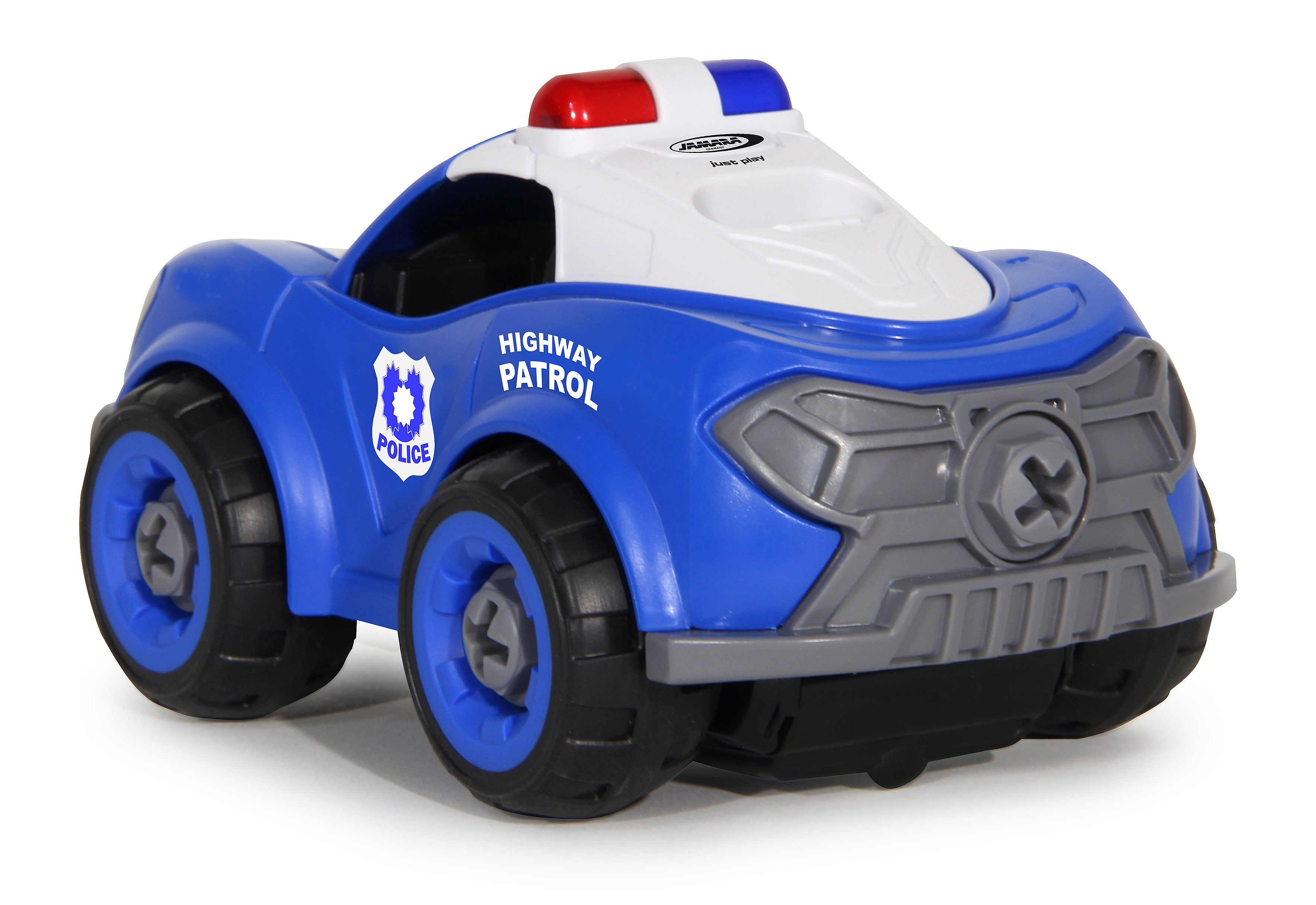 Ein blau-weißes Spielzeug-Polizeiauto wird gezeigt. Es hat die Wörter HIGHWAY PATROL und POLICE darauf. Es steht auf einer weißen Oberfläche.