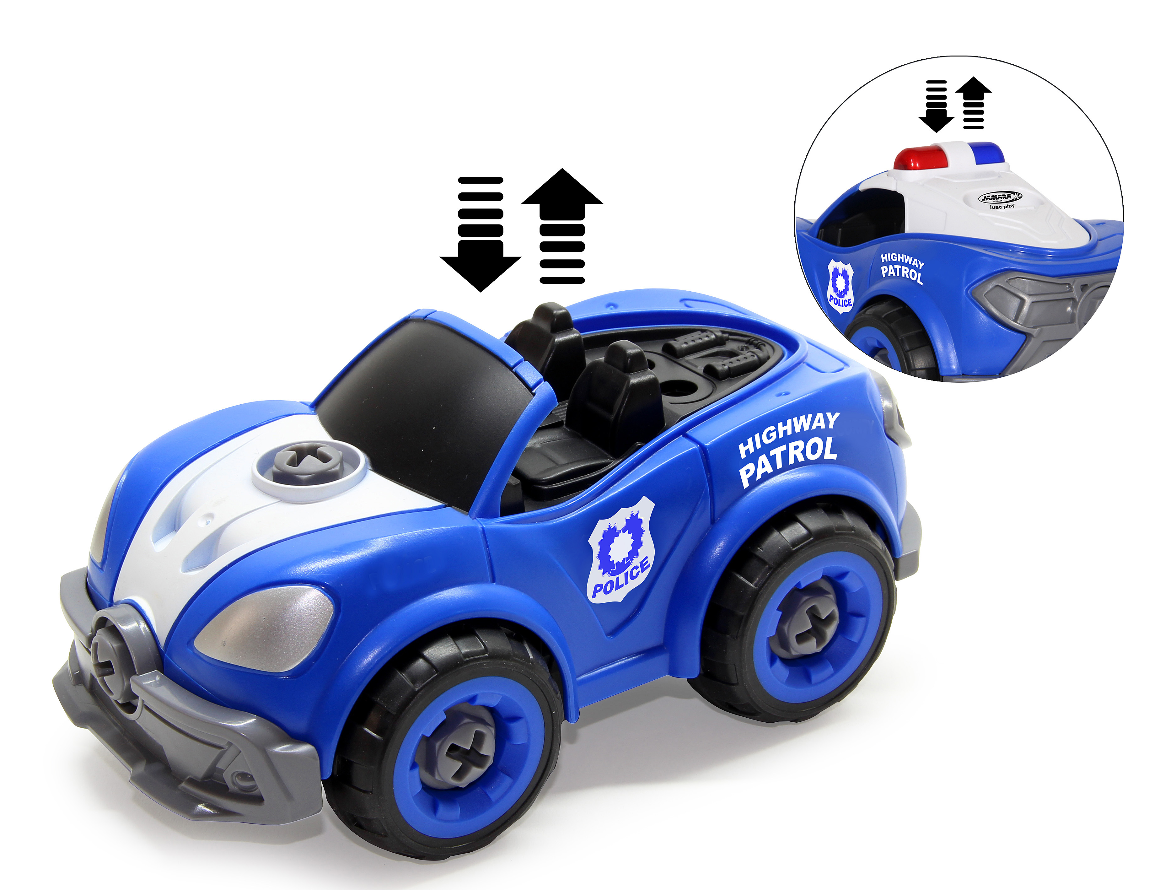 Ein blau-weißes Spielzeug-Polizeiauto mit offenem Dach wird gezeigt. Die Wörter HIGHWAY PATROL und POLICE sind auf dem Auto sichtbar.