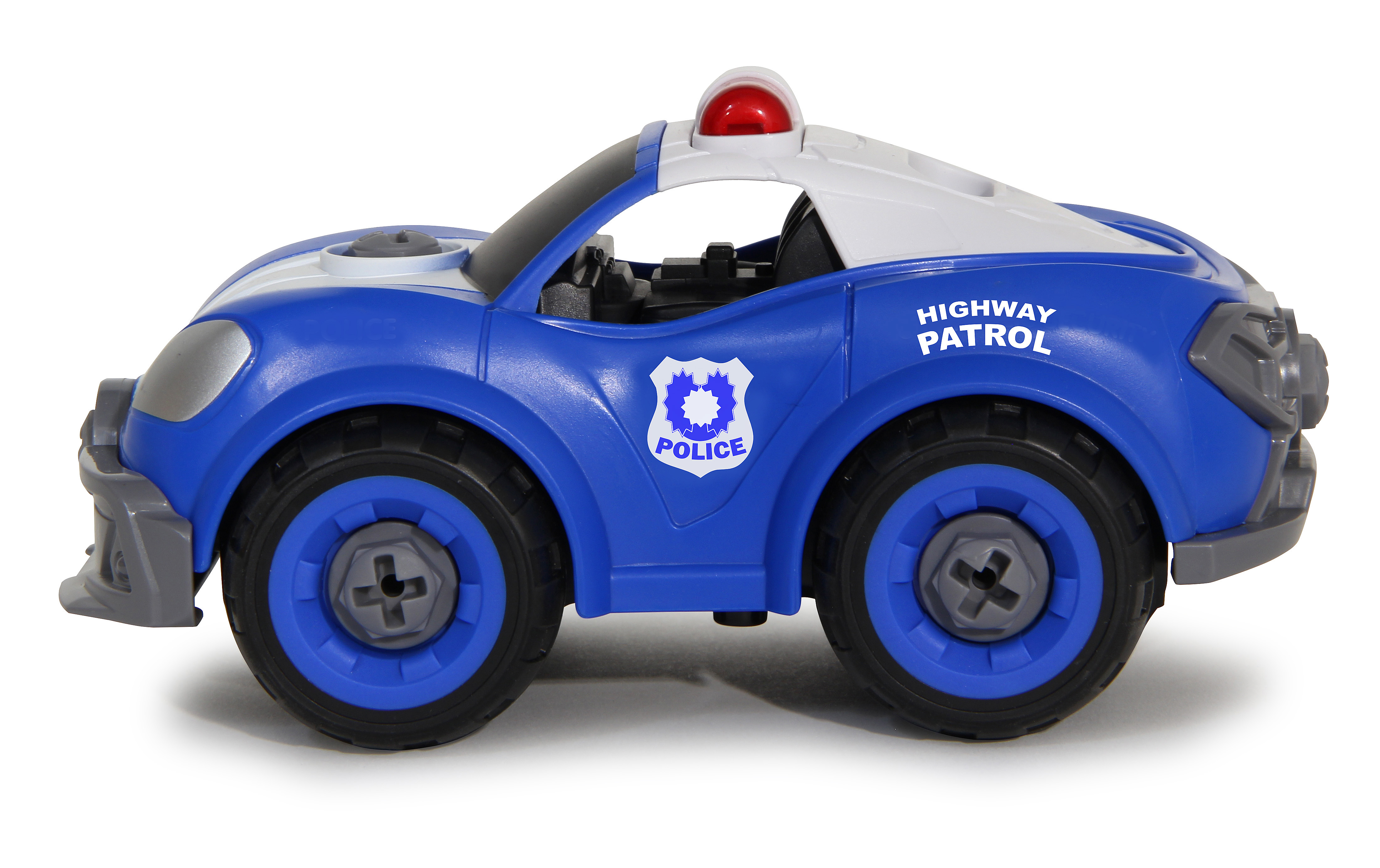 Ein blaues Spielzeug-Polizeiauto mit weißem Dach und rot-weißen Lichtern.