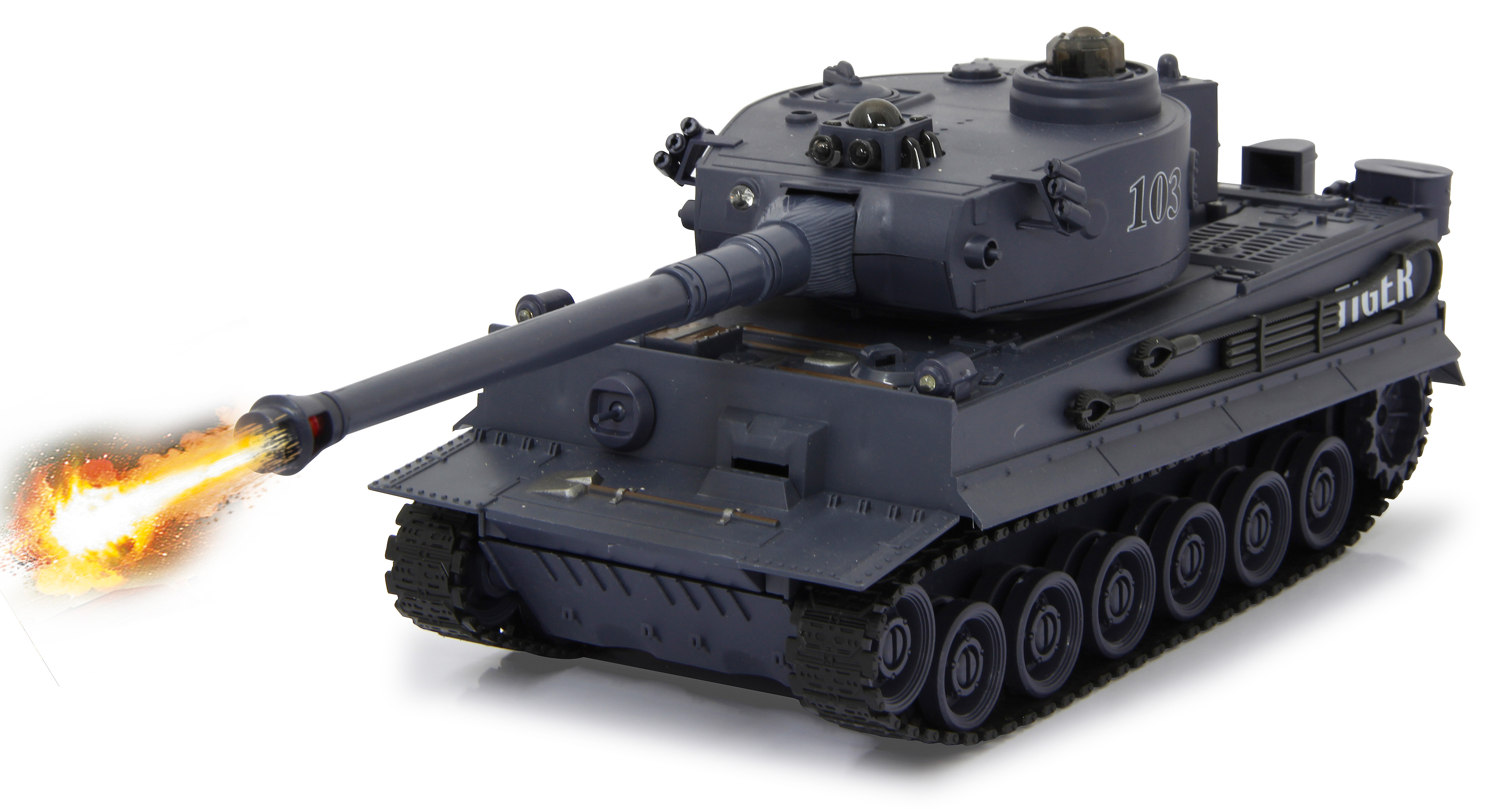 Ein grauer Spielzeugpanzer mit langem Lauf feuert. Der Lauf schießt Feuer. Er hat die Nummer 103.