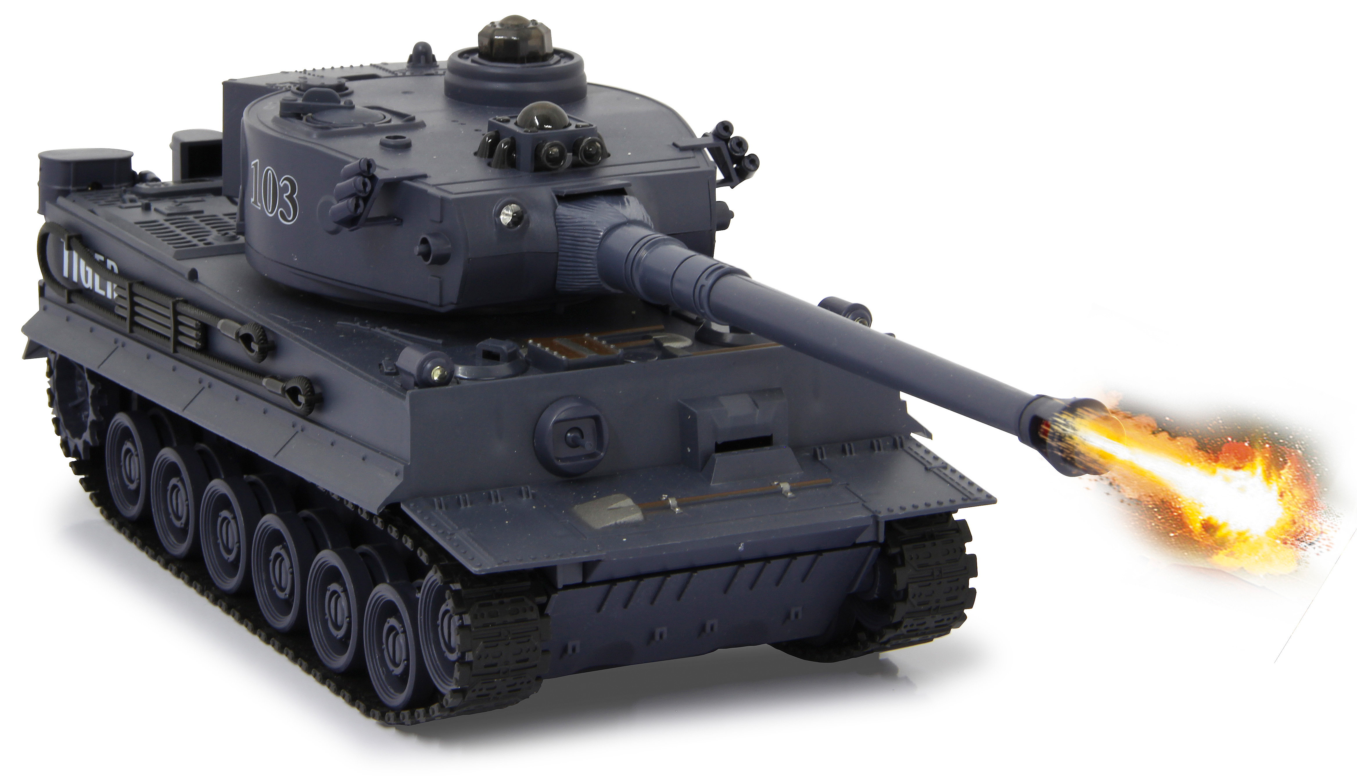 Ein blauer Spielzeugpanzer, der Flammen auf einer weißen Oberfläche abfeuert.