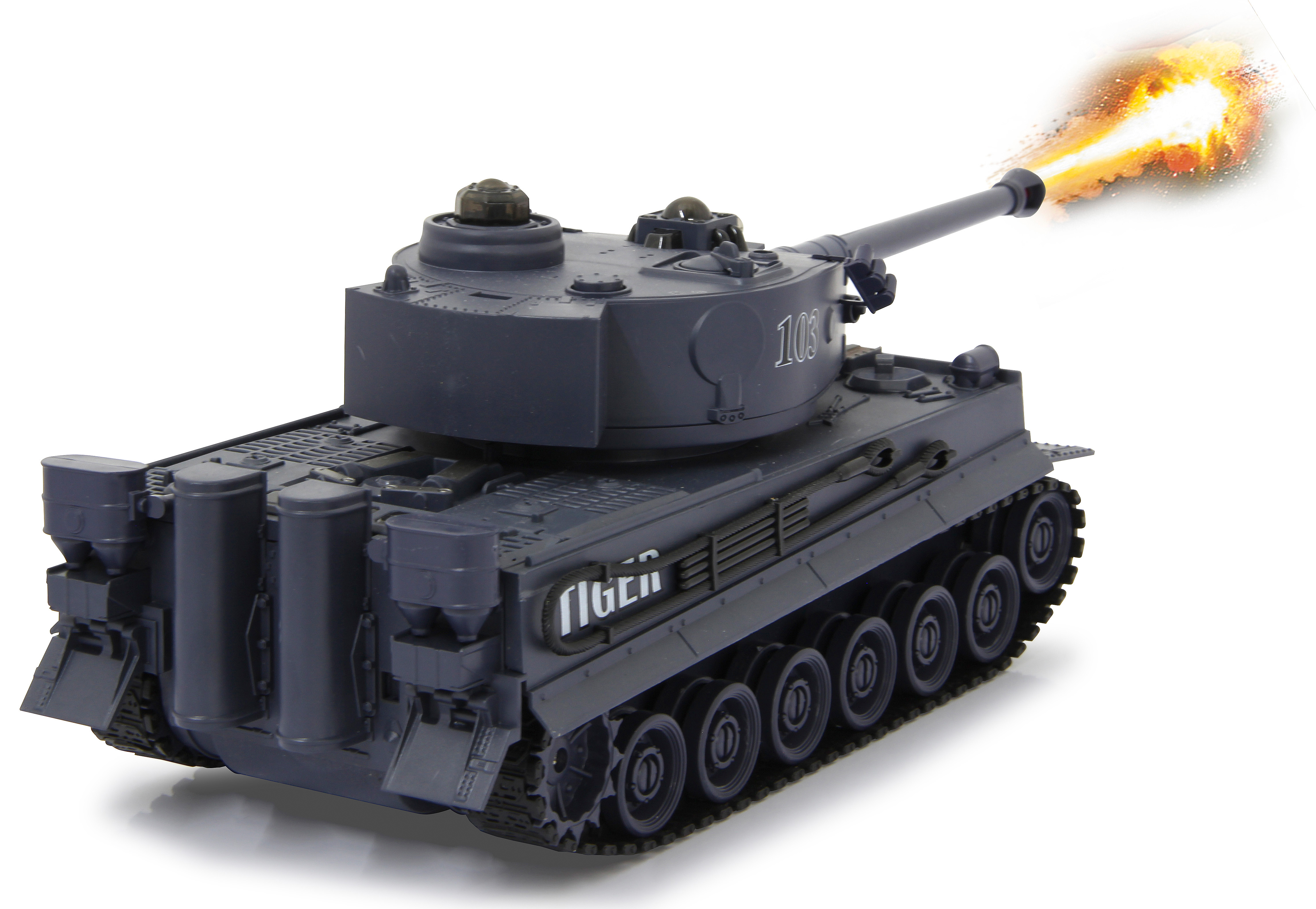 Ein grauer Spielzeugpanzer feuert. Der Lauf schießt Feuer. Der Panzer hat die Nummer 103 und das Wort TIGER.