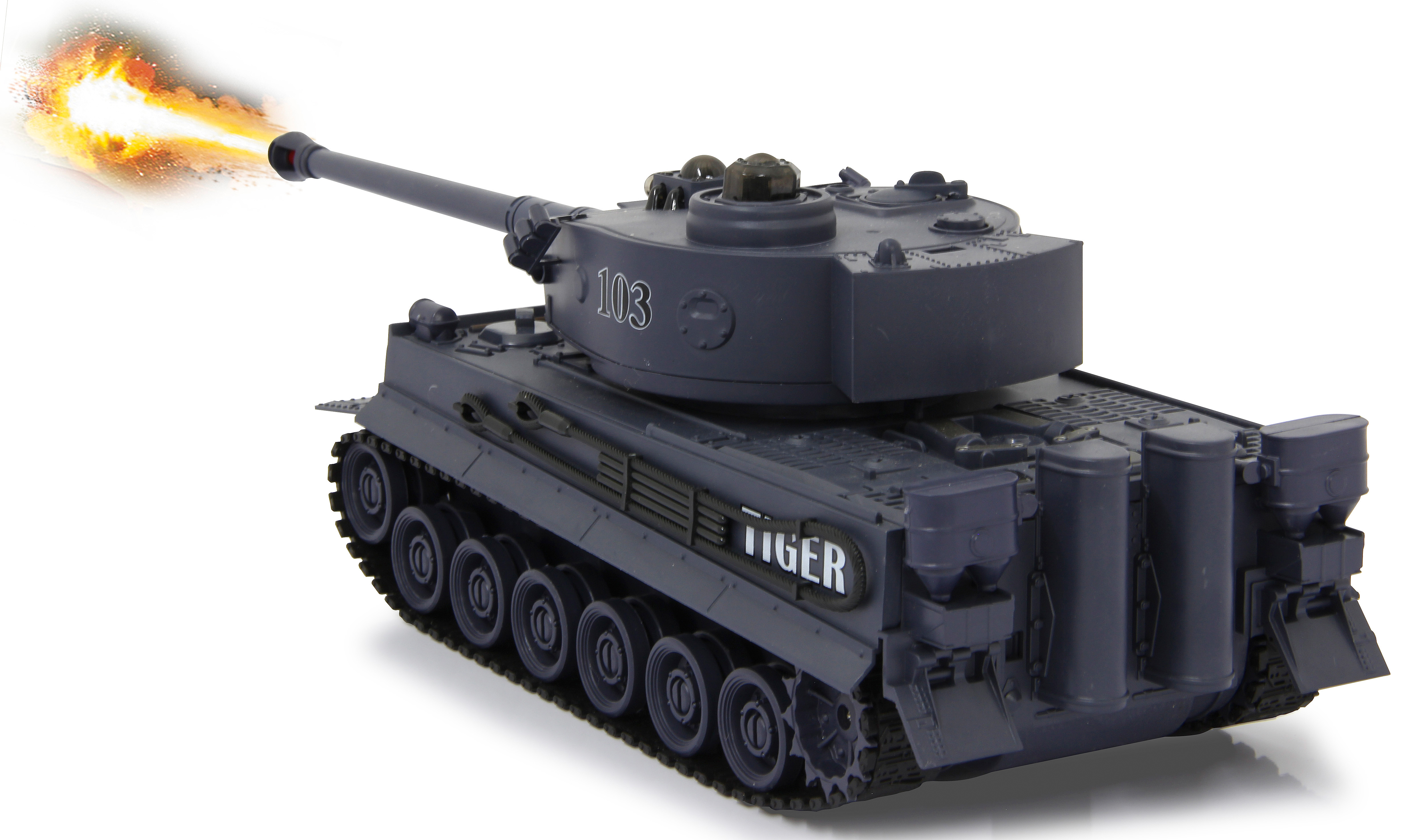 Ein grauer Spielzeugpanzer mit langem Lauf feuert. Der Lauf schießt Feuer. Er hat die Nummer 103.