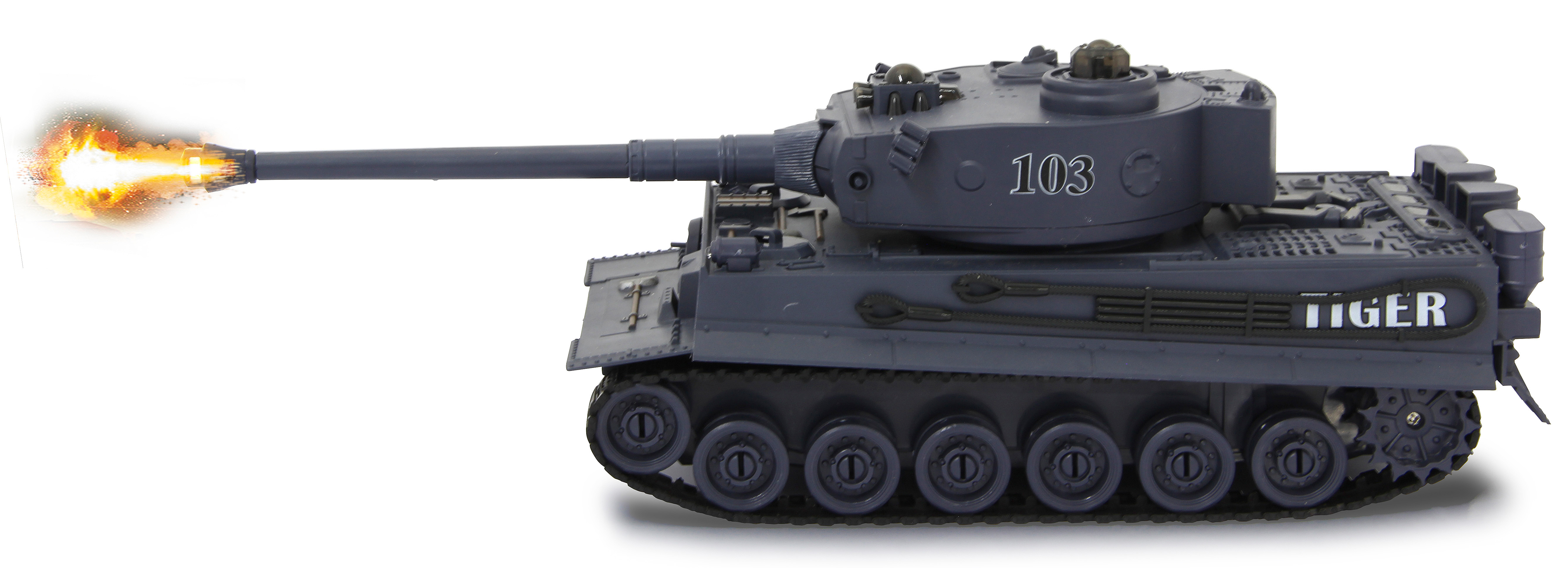 Ein grauer Spielzeugpanzer feuert. Der Lauf schießt Feuer. Der Panzer hat das Wort TIGER und die Nummer 103.