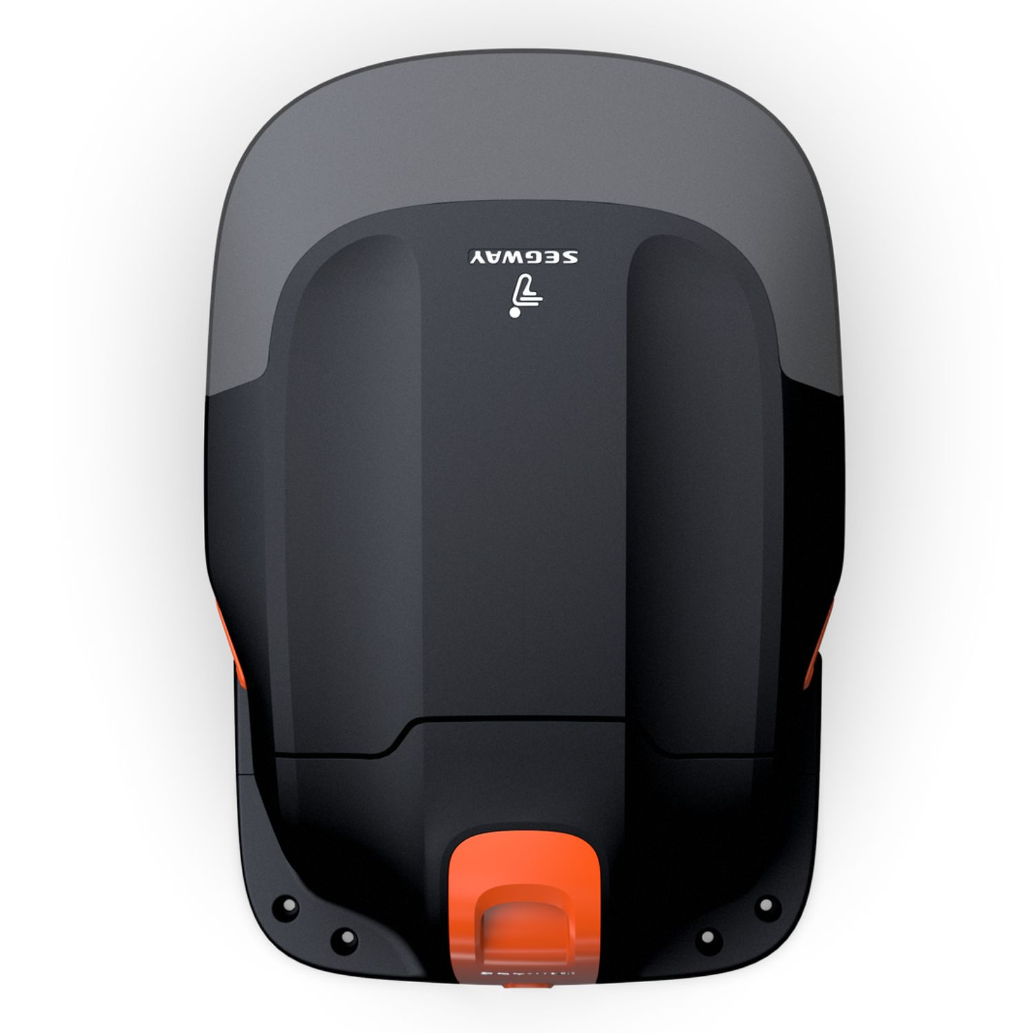 Ein schwarzer und grauer Segway-Mähroboter mit orangefarbenen Akzenten. Er ist auf weißem Hintergrund.