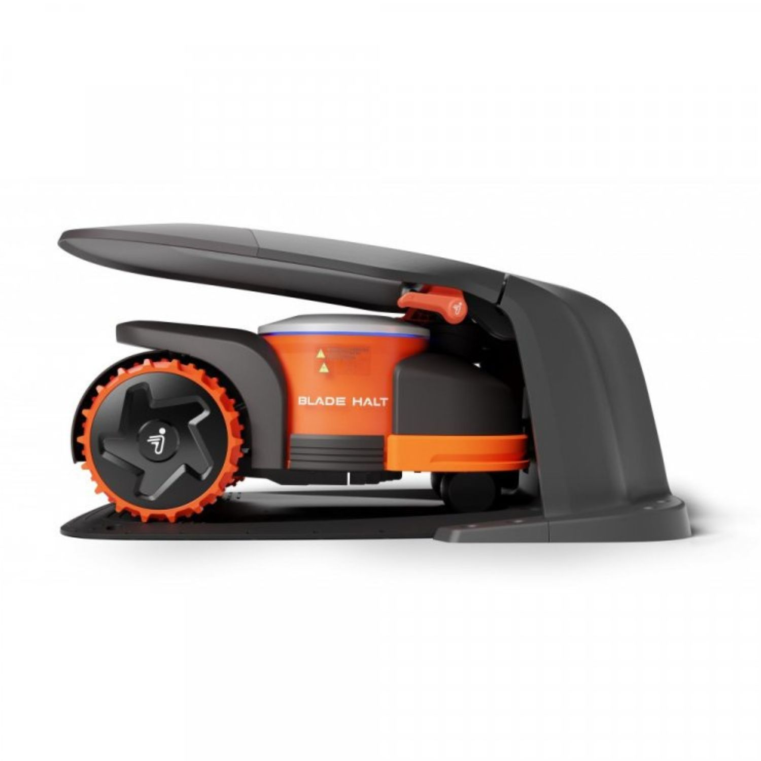 Ein Mähroboter mit einem schwarz-orangen Rad. Es hat eine Warnung vor dem Messer-Stopp. Die Räder sind orange.