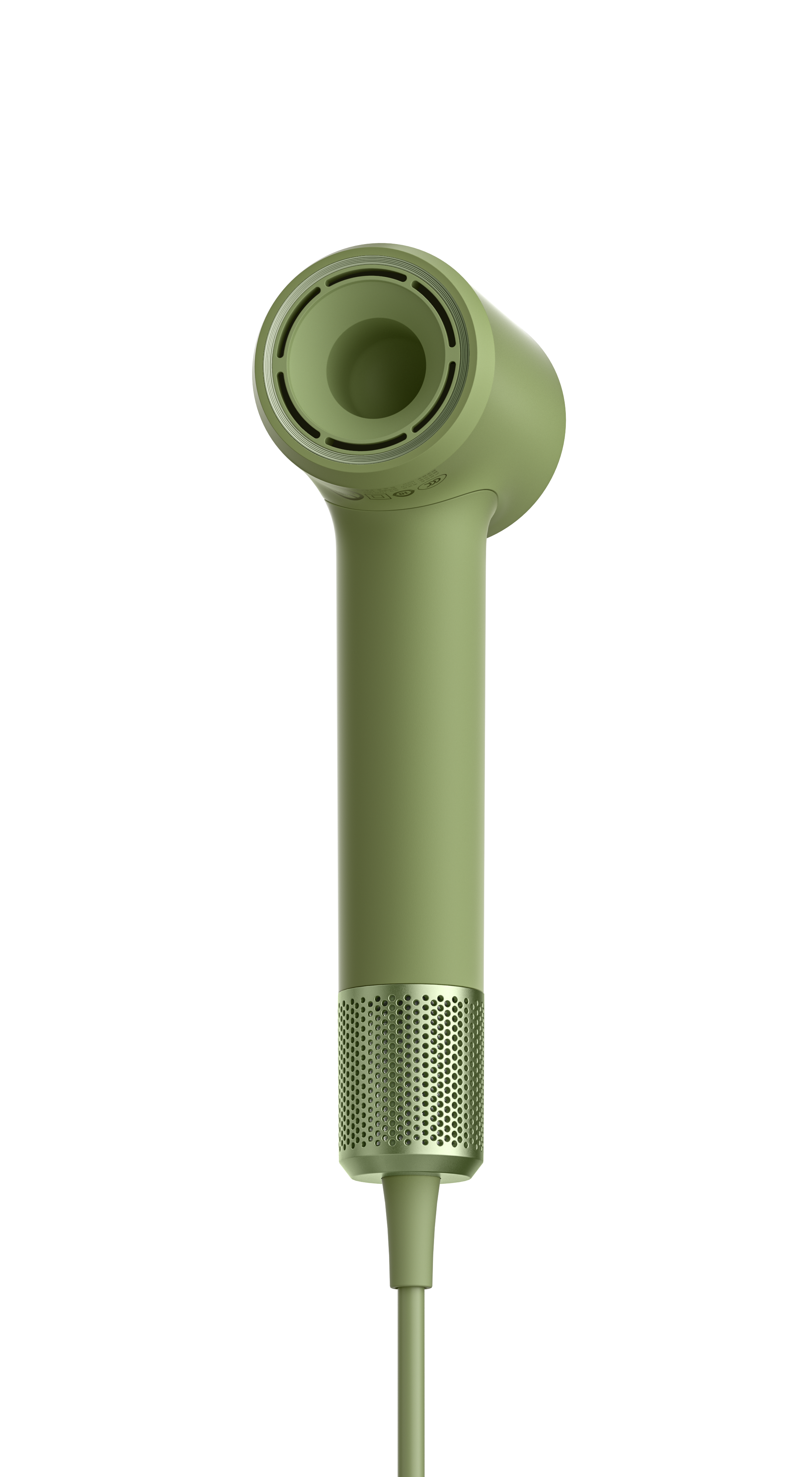Een groene haardroger met een lange steel en een kop met een cirkelvormige opening en een metalen gaas. De achtergrond is zwart.