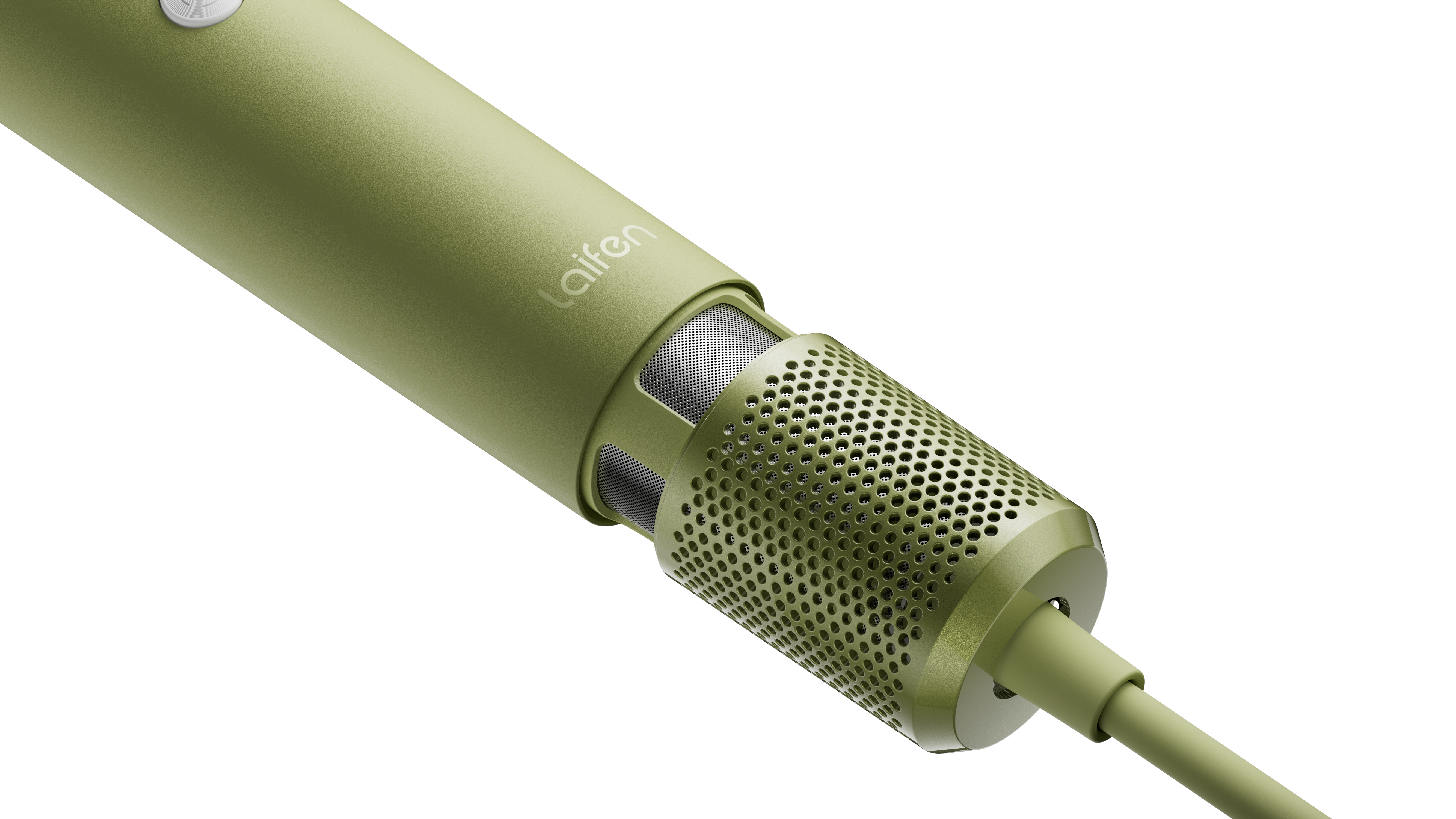 Close-up van de sproeier van een groene haardroger met een metalen gaas en de merknaam 'Laifen'. De achtergrond is zwart.
