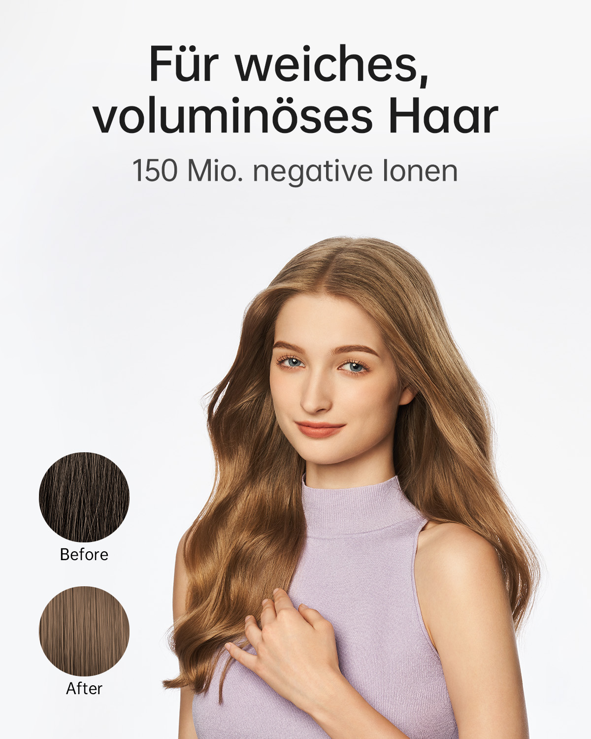 Frau mit langen, welligen Haaren. Text: 'Für weiches, voluminöses Haar' und '150 Mio. negative Ionen'.