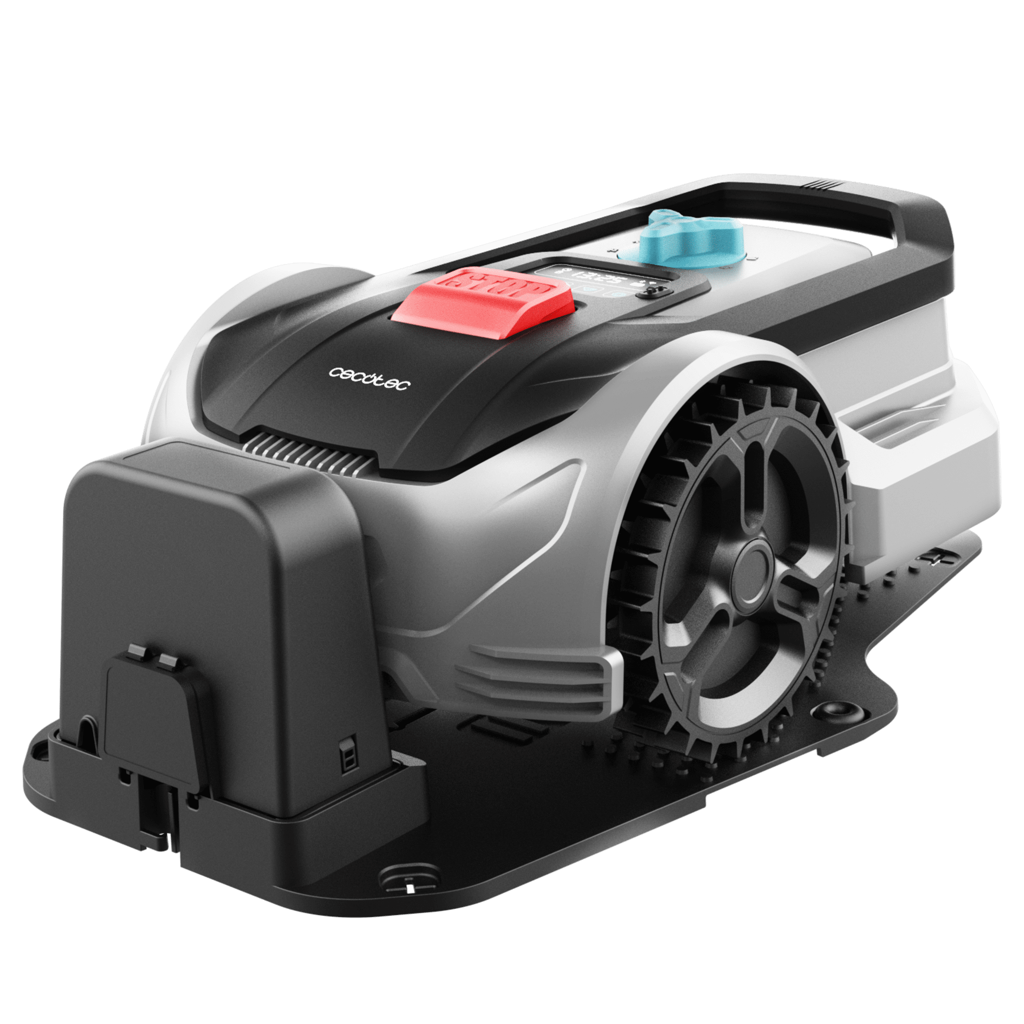 Biało-szary robot koszący z czerwonym przyciskiem stop, pokazany pod kątem na czarnym tle.