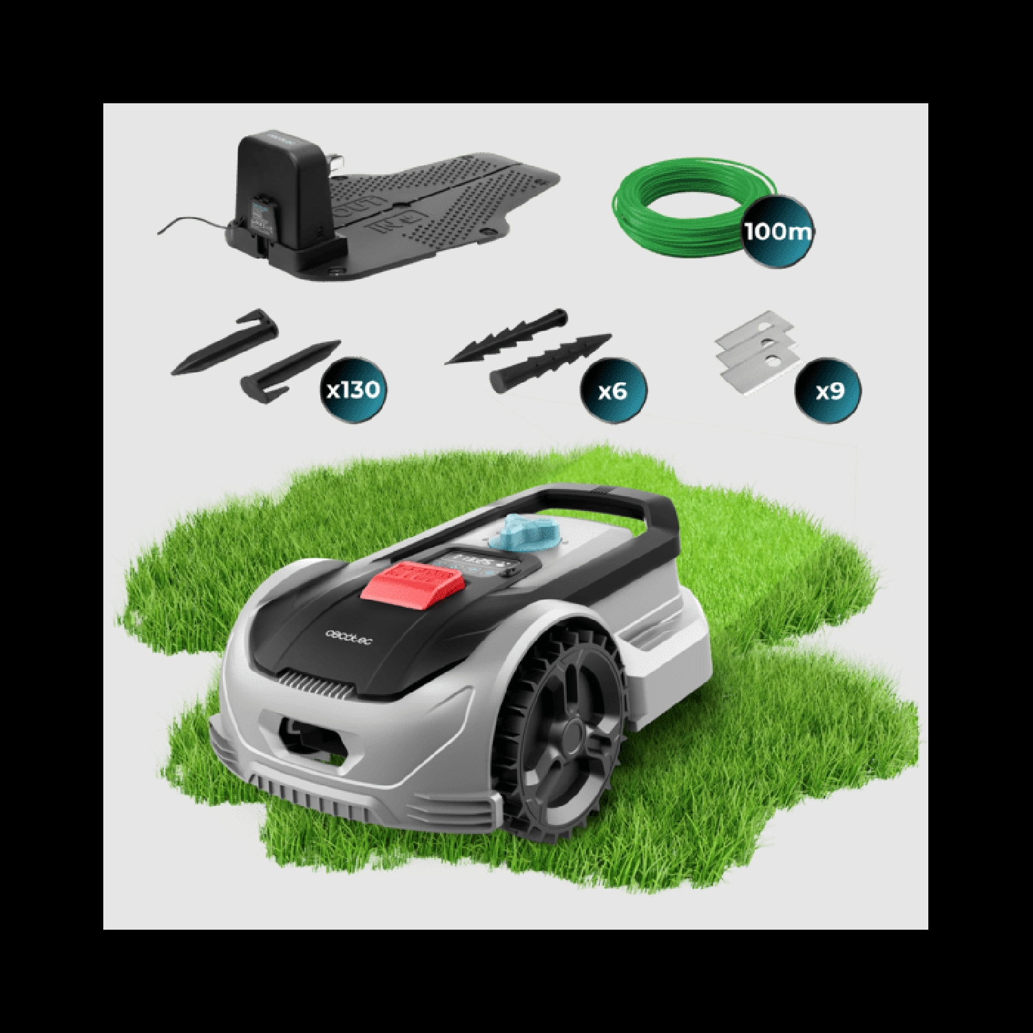 Zestaw robota koszącego trawę zawiera robota, ładowarkę, przewód, kołki i ostrza, prezentowane na czarnym tle.