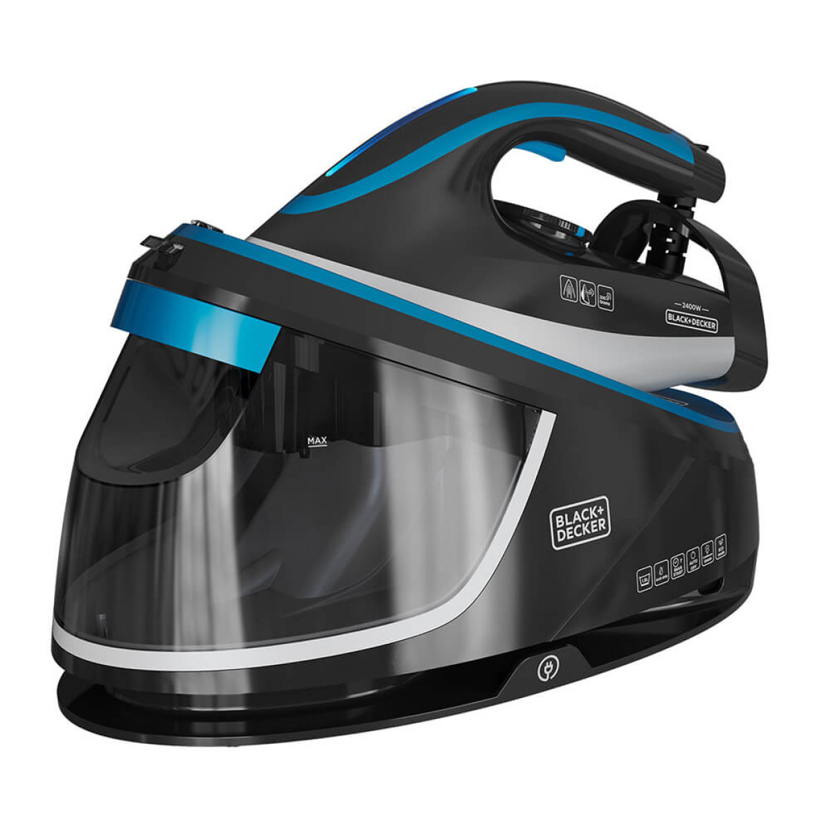 Ein schwarz-blaues Dampfbügeleisen mit sichtbarem Wassertank und einem schlanken, modernen Design.