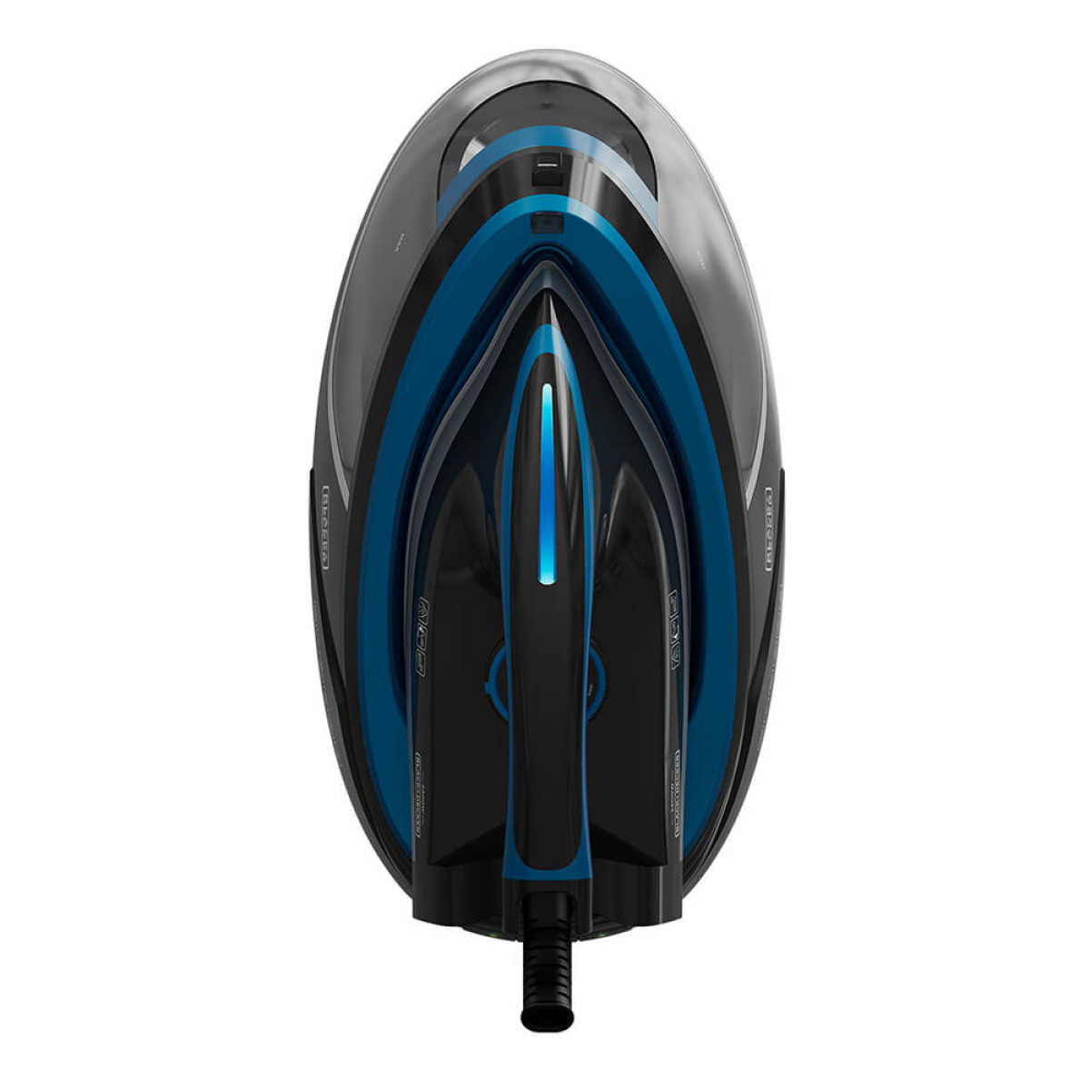 Draufsicht auf ein schwarz-blaues Bügeleisen. Das Bügeleisen hat ein schlankes Design mit spitzer Front und Griff hinten.