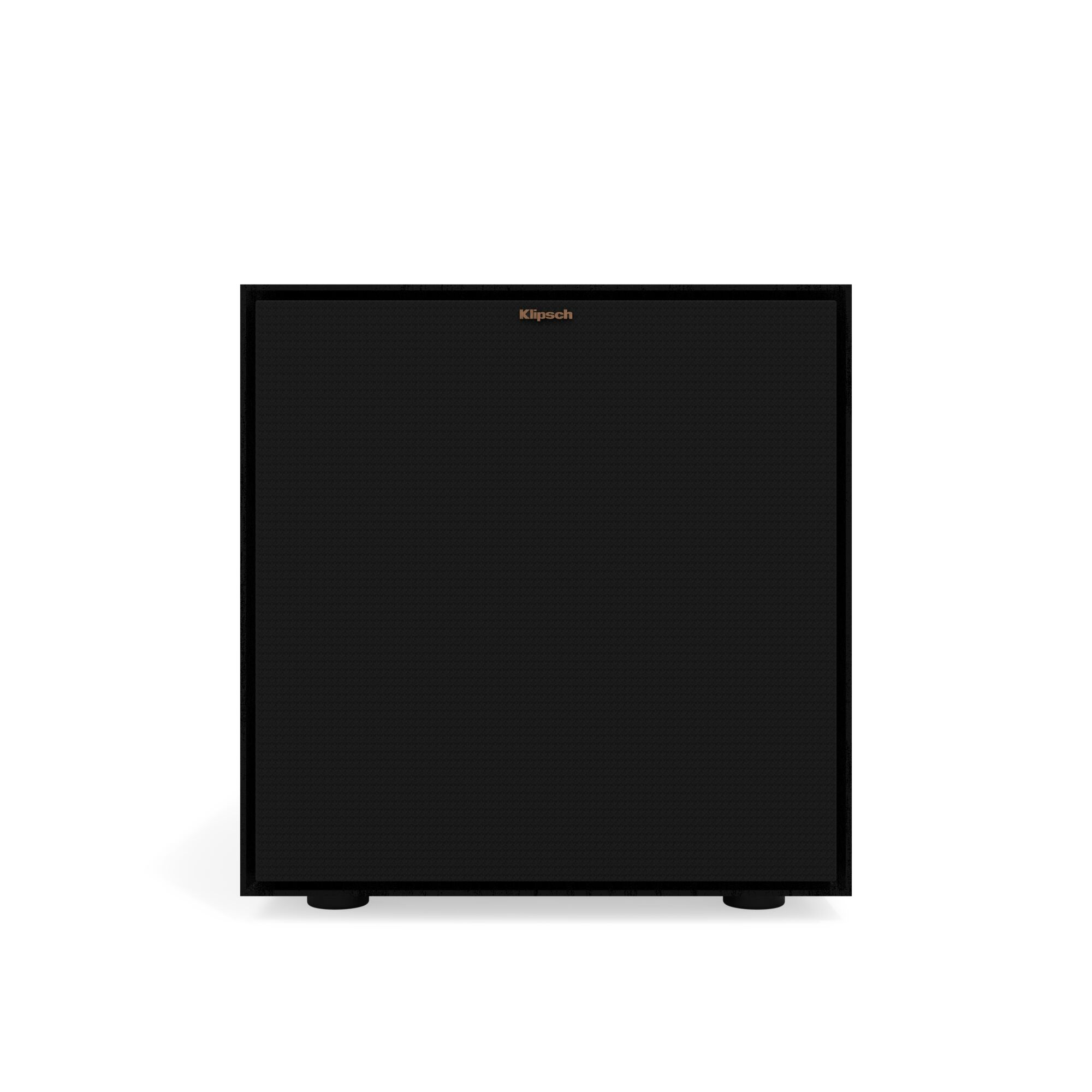 Ein schwarzer Klipsch-Subwoofer mit einer schwarzen Mesh-Abdeckung auf weißem Hintergrund.