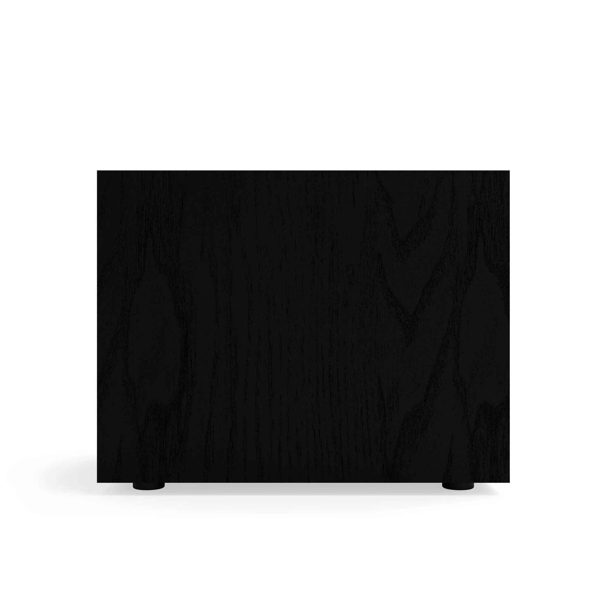 Eine schwarze Holzkiste mit Holzmaserung, die auf zwei kleinen schwarzen zylindrischen Beinen ruht, vor weißem Hintergrund.