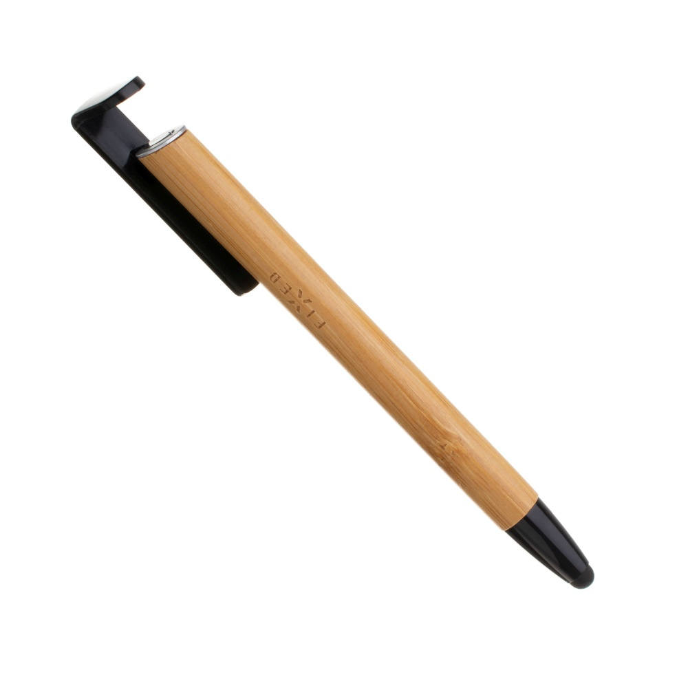 Holzstift mit schwarzem Clip, Spitze. Das Wort FIXED ist aufgedruckt. Weißer Hintergrund.